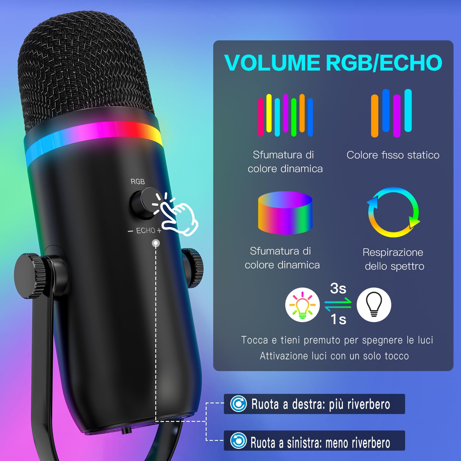 zealsound Microfono USB per Podcast con Braccio, Microfono RGB Gaming con cancellazione del rumore, Mute Rapido e Jack di Monitoraggio, Microfono da Studio per PC/Mac/Phone, Streaming e YouTube