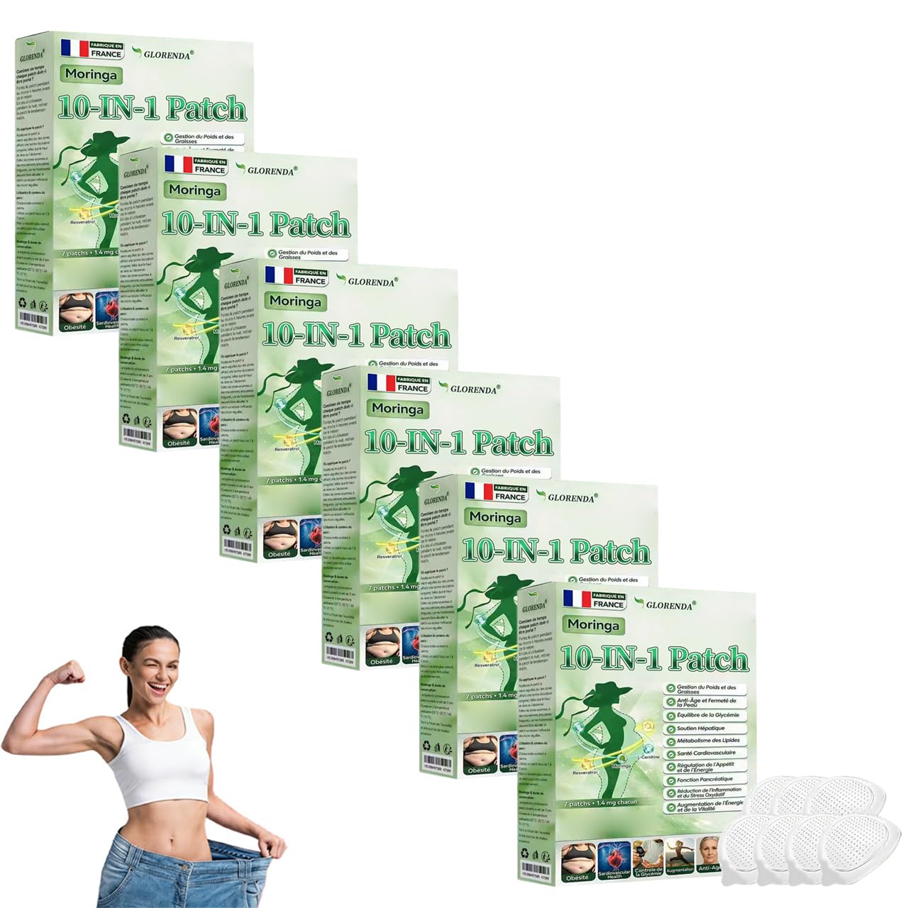 GLORENDA Moringa 10-EN-1 Patch, GLORENDA Patch Minceur, Ingrédients Naturels, pour homme et femme (6 Boîtes) - 1