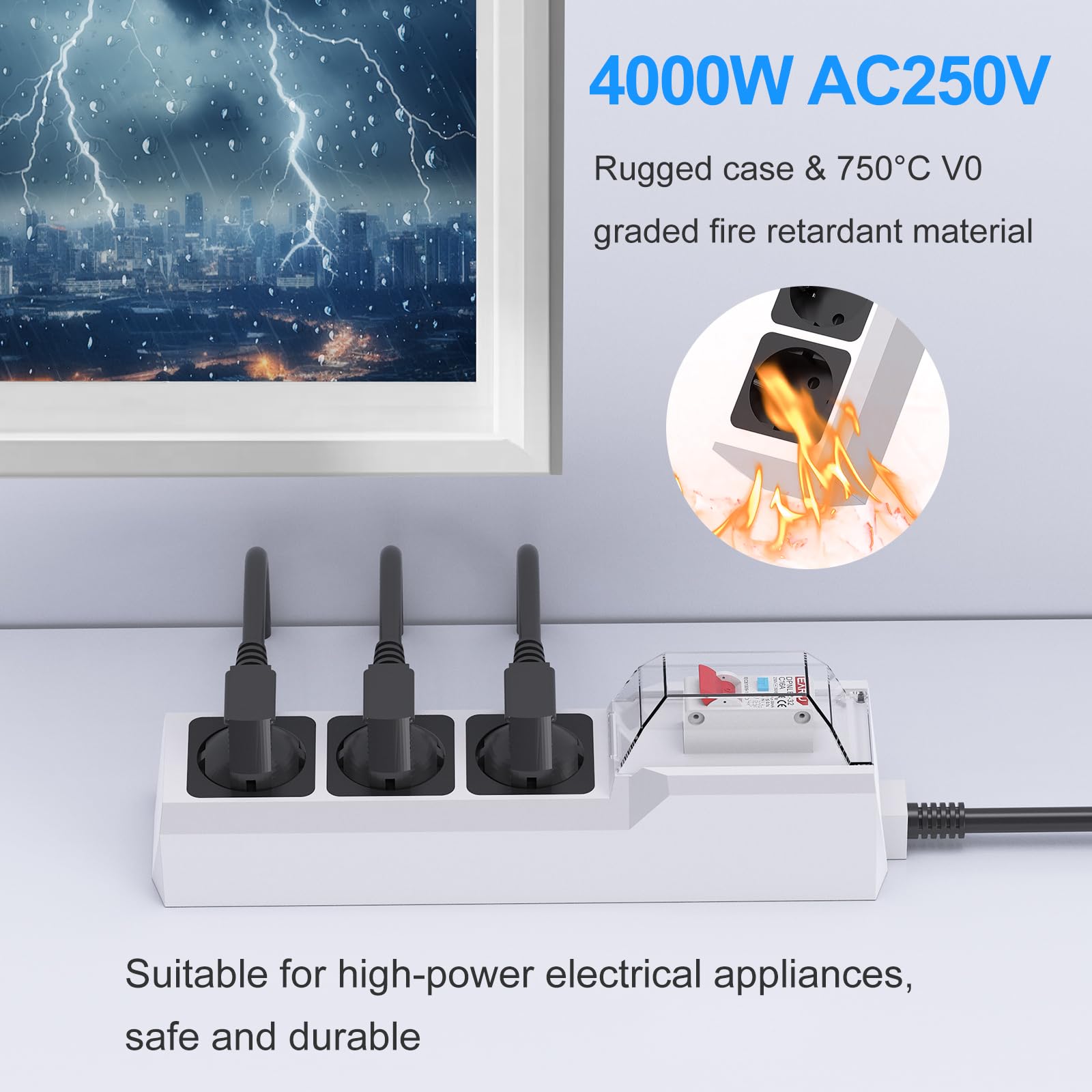 BEVA Listwa Zasilająca z Wyłącznikiem Różnicowoprądowym, Listwa RCD z Trzema Gniazdami 3 m Kabel, Potrójna Listwa Zasilająca (16A, 3680W), Zabezpieczeniem Różnicowym 30mA, Biały
