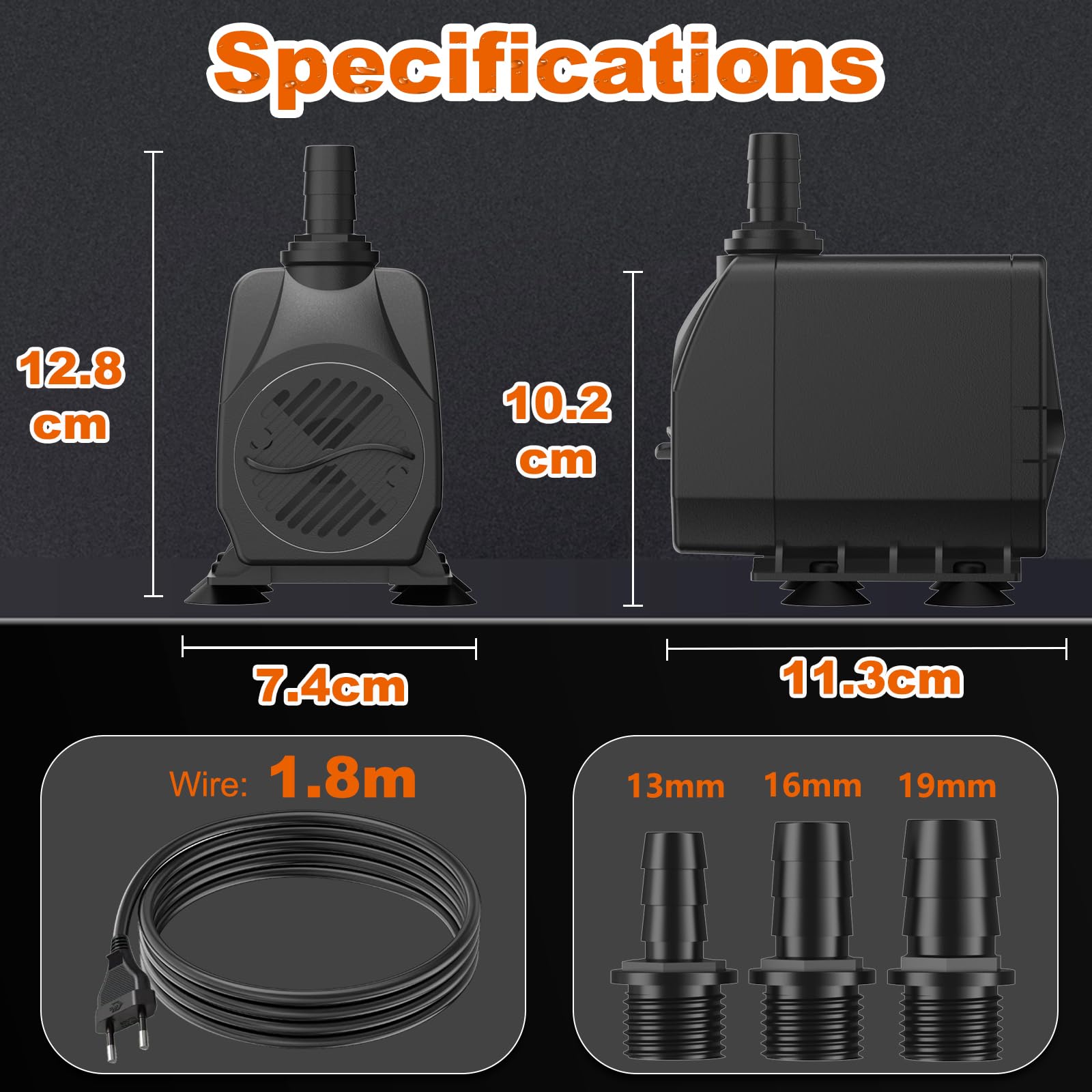 Bomba de Agua Sumergible 45W 2500L/H, Apagado Automático por Bajo Nivel, Protección contra Sobrecalentamiento y Funcionamiento Ultrasilencioso. Cable de 1.8 m Ideal para Estanques y Hidropónicos.