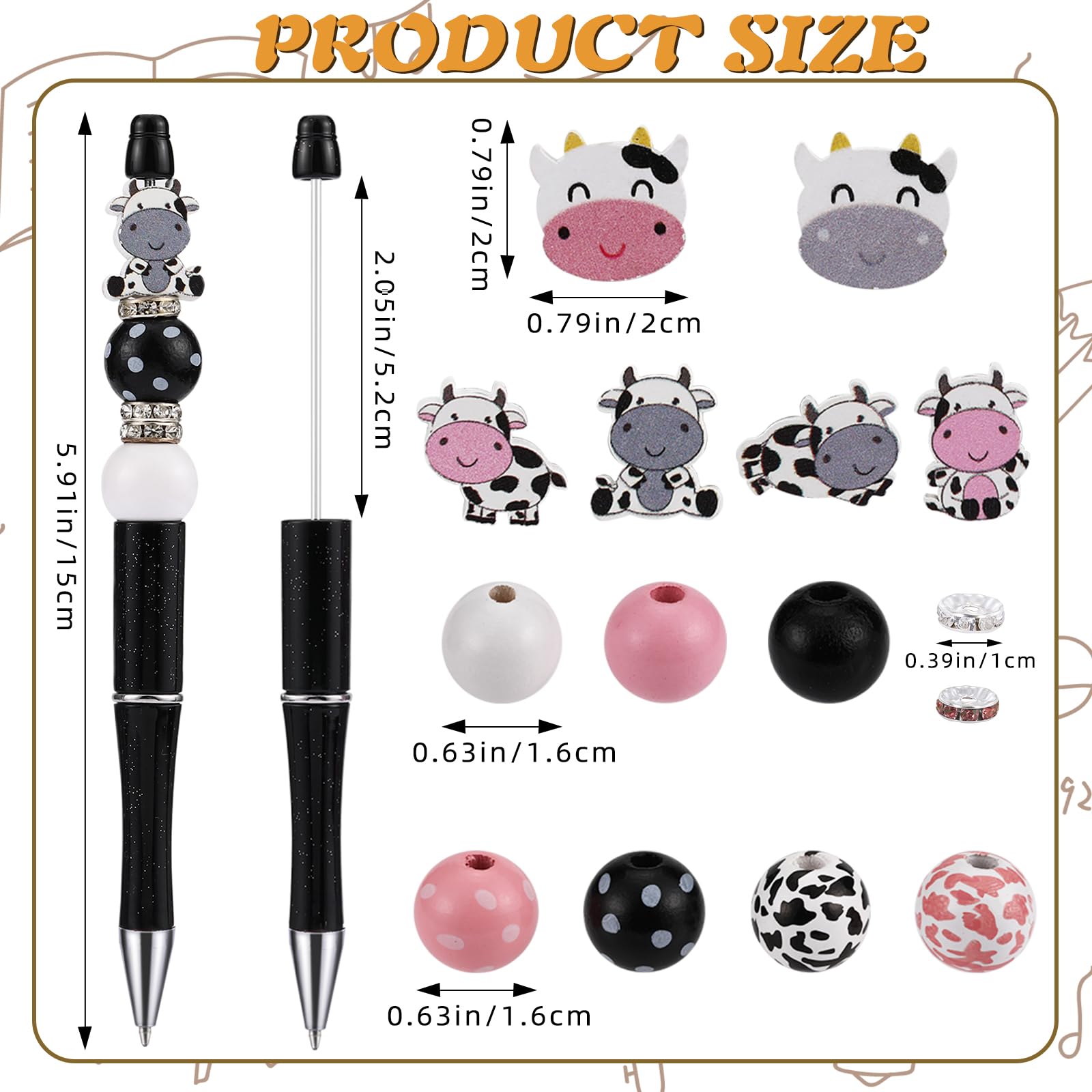 WEWAYSMILE 12 Pieces Beadable Pen DIY Ballpoint Pen Set in Black Ink With Round Wooden Beads,Rhinestone Spacer Beads,Shaped Wooden Beads,Cute Beaded Pen for Schools Office Supplies(Cow) - Image 2