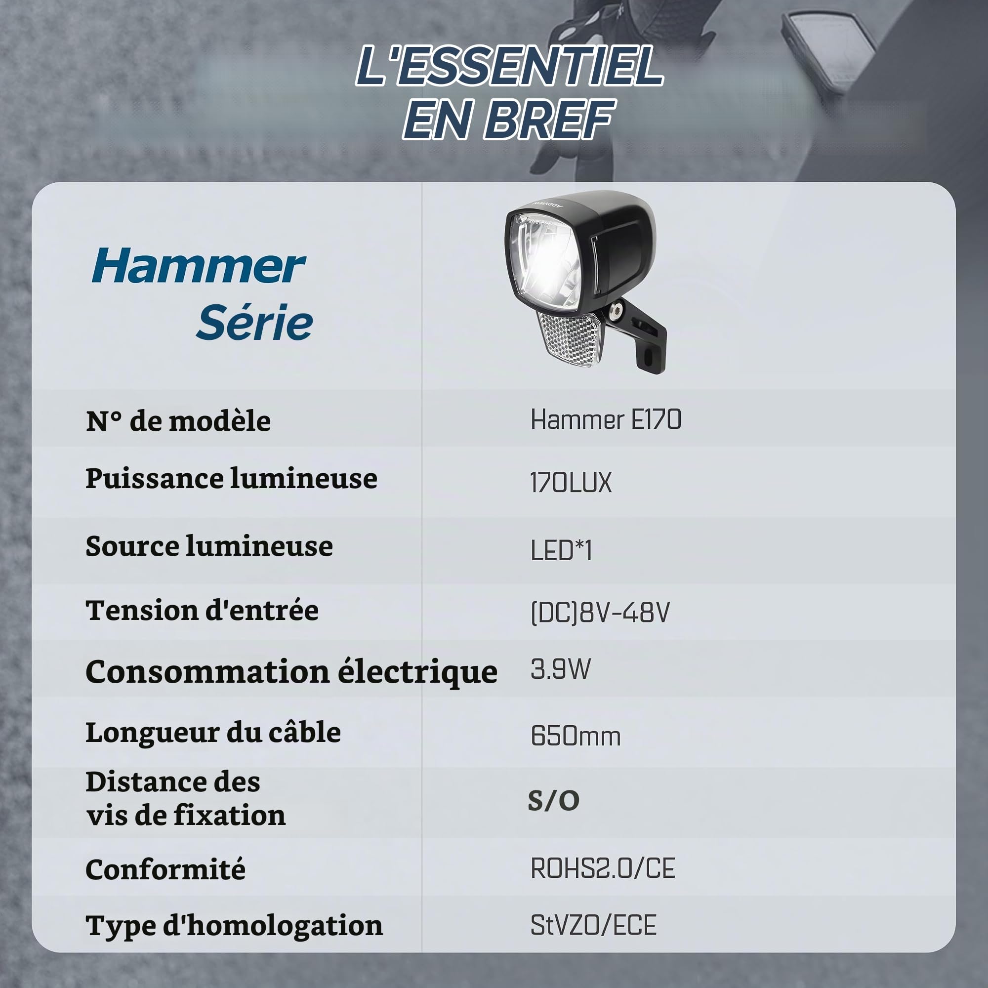 ADDVIEW Phare avant pour vélo électrique Marteau E170 - 170 lux - Lampe LED de vélo - Certifié StVZO et ECE - Boîtier en aluminium/ABS - Étanche IP65 - DC 8-48 V - Feu latéral - Pour vélos électriques