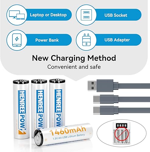 Miniatura 5 de Henreepow Baterías AA recargables, batería USB de litio doble A, carga rápida USB C de 1.5 V, voltaje constante, 1200 ciclos de larga duración