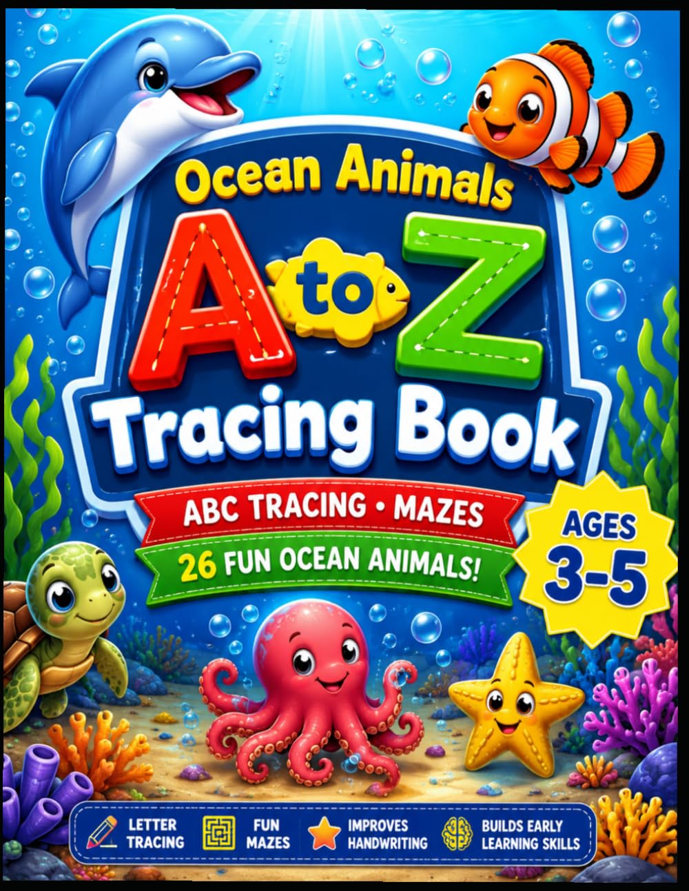 Ocean Animals ABC Tracing Book for Kids Ages 3-5: Learn Letters, Handwriting, Coloring, Mazes & Fun Preschool Activities