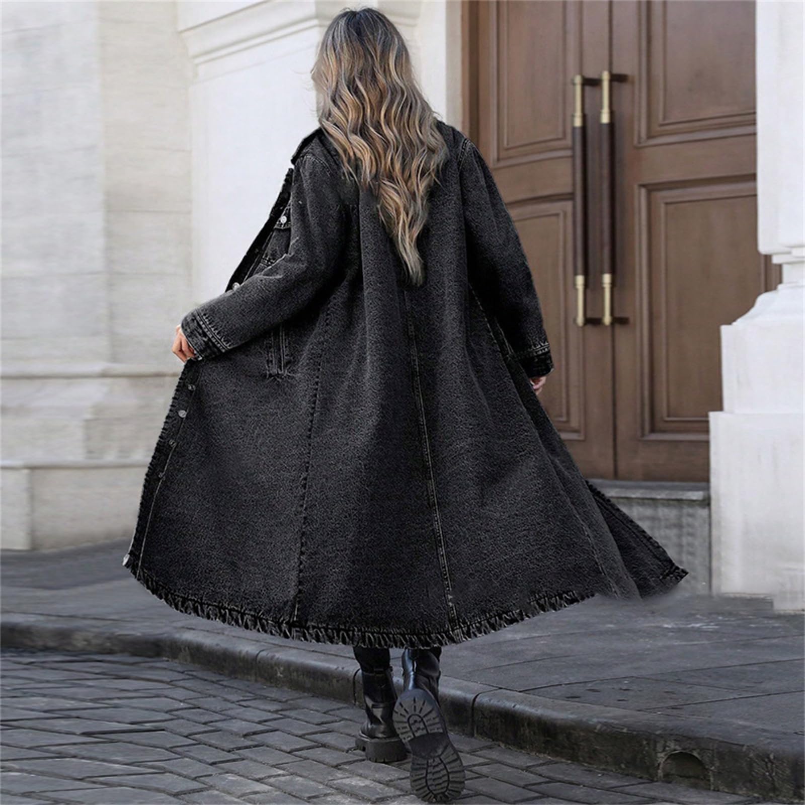 Trench Dżinsowy Długi Damski Klapa Guziki Kurtka Denim Luźna Oversize, Kolor: czarny, 5XL | Wiatroodporny dżins z praktycznymi kieszeniami bocznymi. Łatwe dopasowanie do innych ubrań. Com, idealny do pracy
