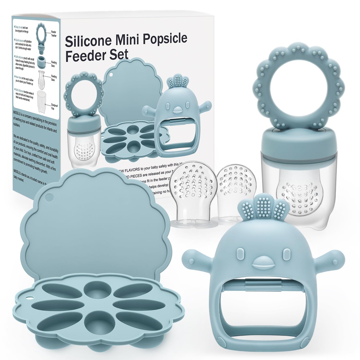 CLDY Baby Fruit Food Feeder, Mini Freezer Tray Combo, Breastmilk Popsicle Freezer Molds, BPA Free Silicone Teether for Toddler Infant for 3 Month+ Toddler Teething&Infant Self Feeding (Blue) — image 1