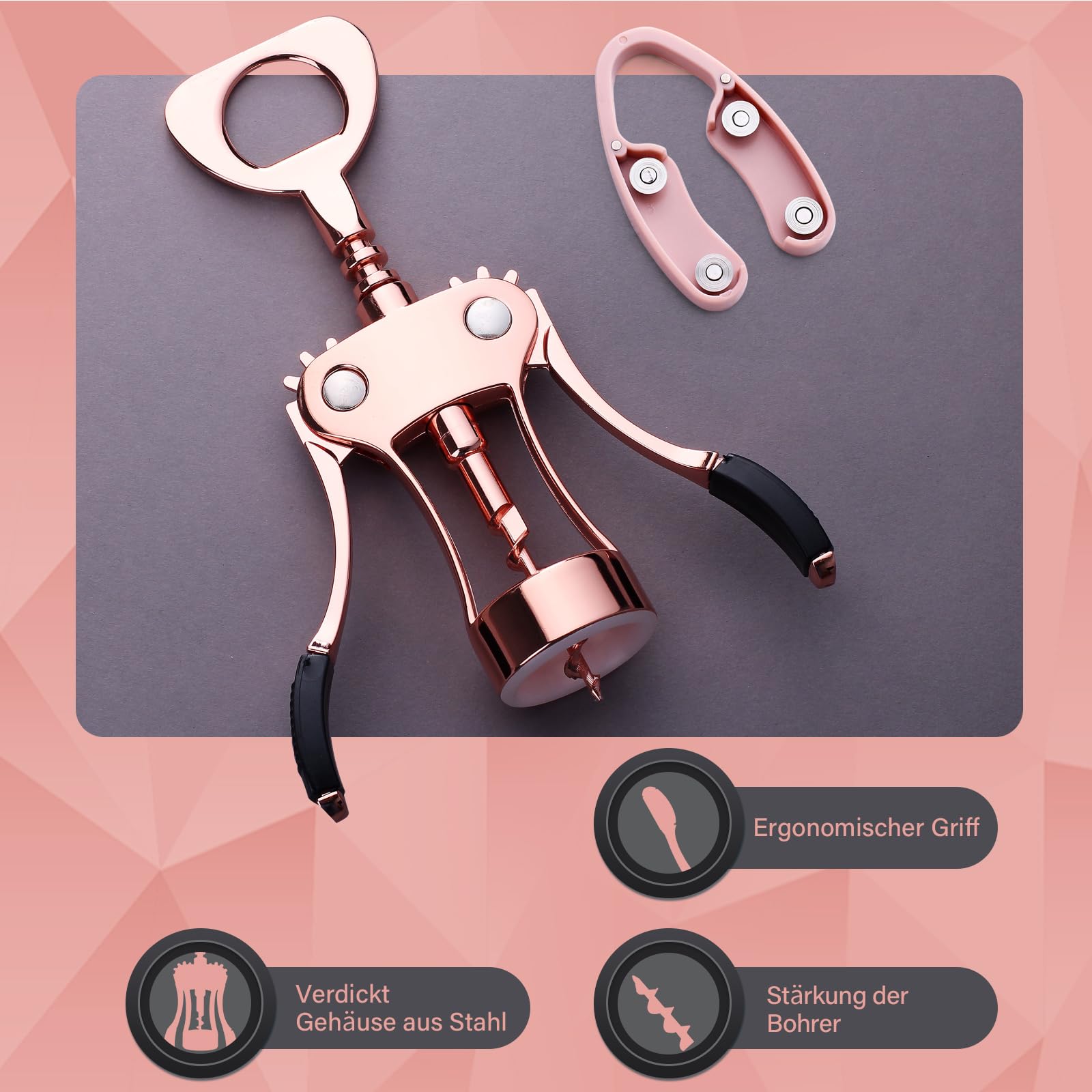 Weinöffner, multifunktionaler Flügelkorkenzieher für alle Korkstopfen und Bierdeckelflaschen, Luxus-Kellner-Korkenzieher mit Foil Cutter Set für Weinliebhaber, Kellner – ROSE GOLD