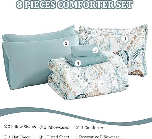 Miniatura 7 de Luxudecor Juego de edredón bohemio tamaño Queen, 8 piezas de cama en una bolsa, juego de edredón floral de cachemira azul con fundas de almohada,