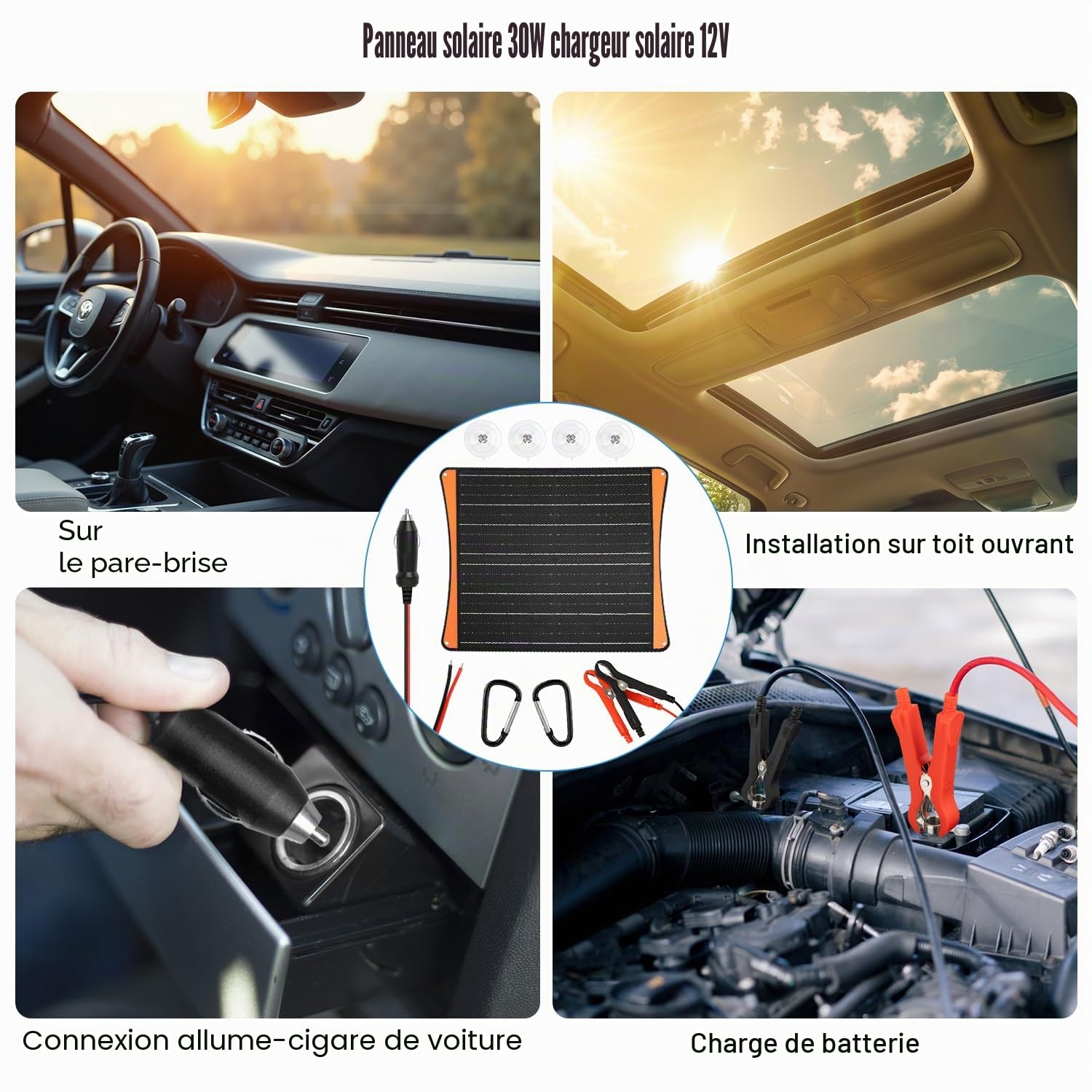 【30W Chargeur Batterie Voiture Solaire】DERUXI 30W Panneau Solaire 12V, Chargeur Solaire Panneaux Solaires Portable, Maintien de Charge Batterie Voiture Allume-Cigare Pinces Crocodile pour Bateau Moto