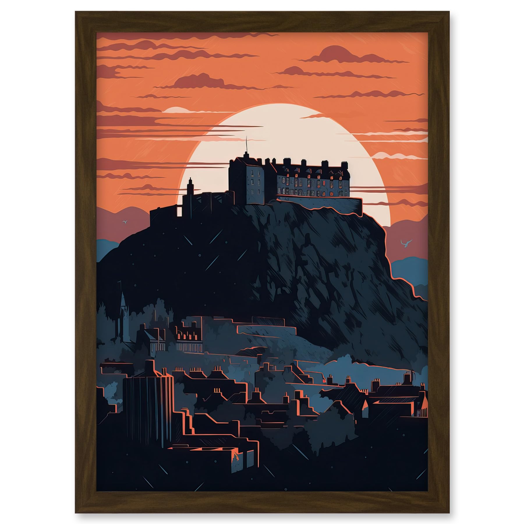 Artery8 Edinburgh Castle and Old Town Atmospheric Sunset Artwork Framed A3 Wall Art Print