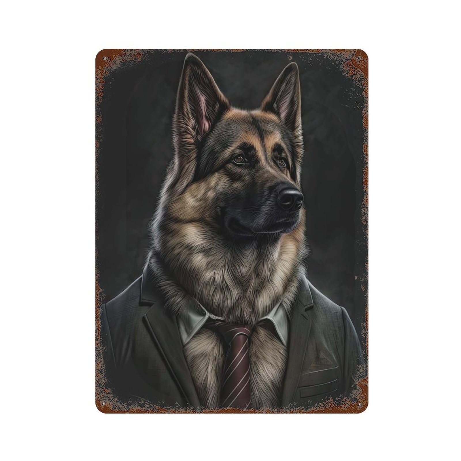 German Shepherd Mens Suit 15.7"x11.8" Decorative Tin Sign, Retro Wall Decor for Garage, Bar And Workshop Decor