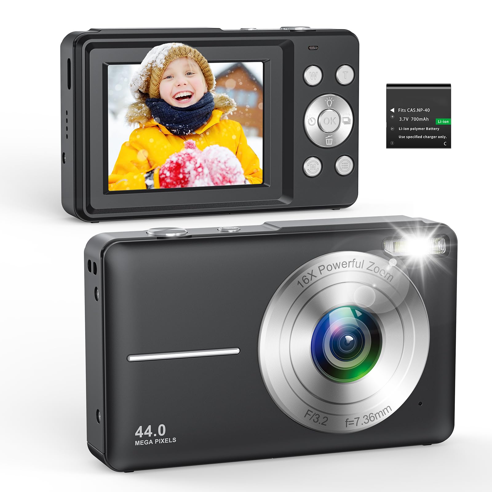 Cámara digital 1080P 44MP cámara de fotos con zoom digital 16X, cámara compacta portátil para vlogging cámara digital para niños, adolescentes y principiantes, color negro