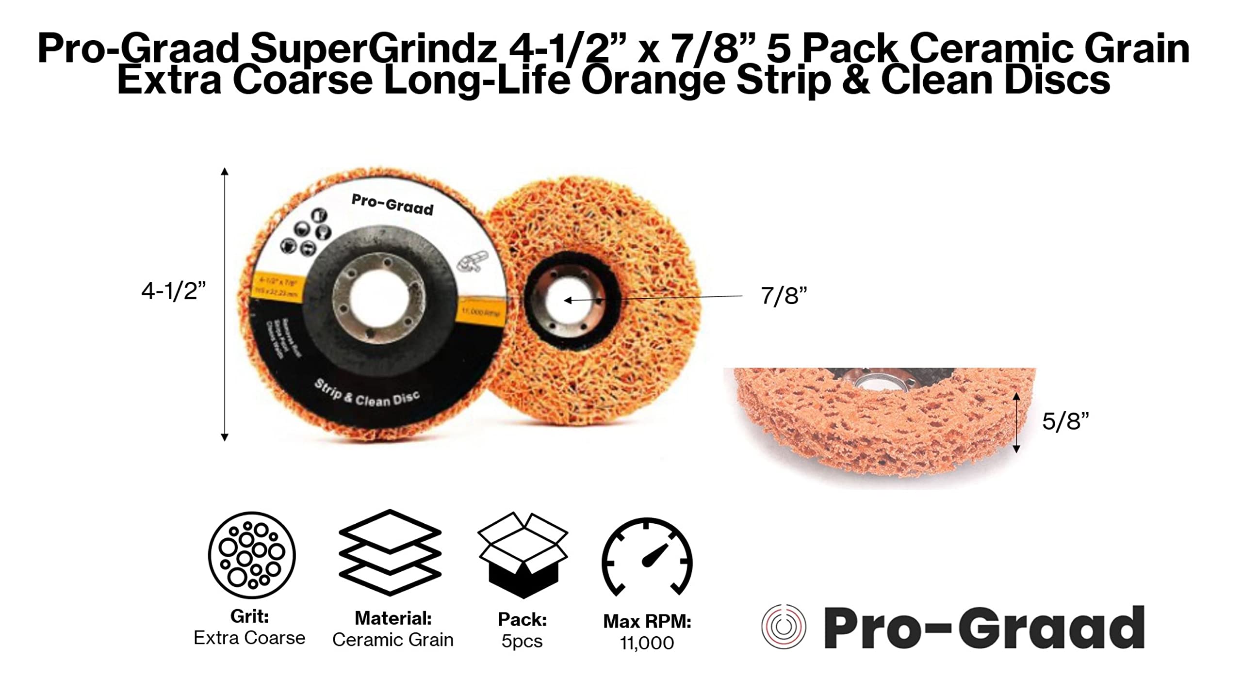 Pro-Graad SuperGrindz - Confezione da 5 dischi in ceramica arancione a grana extra grossa, a lunga durata, per smerigliatrice angolare, rimozione della vernice, rivestimento antiruggine, saldatura