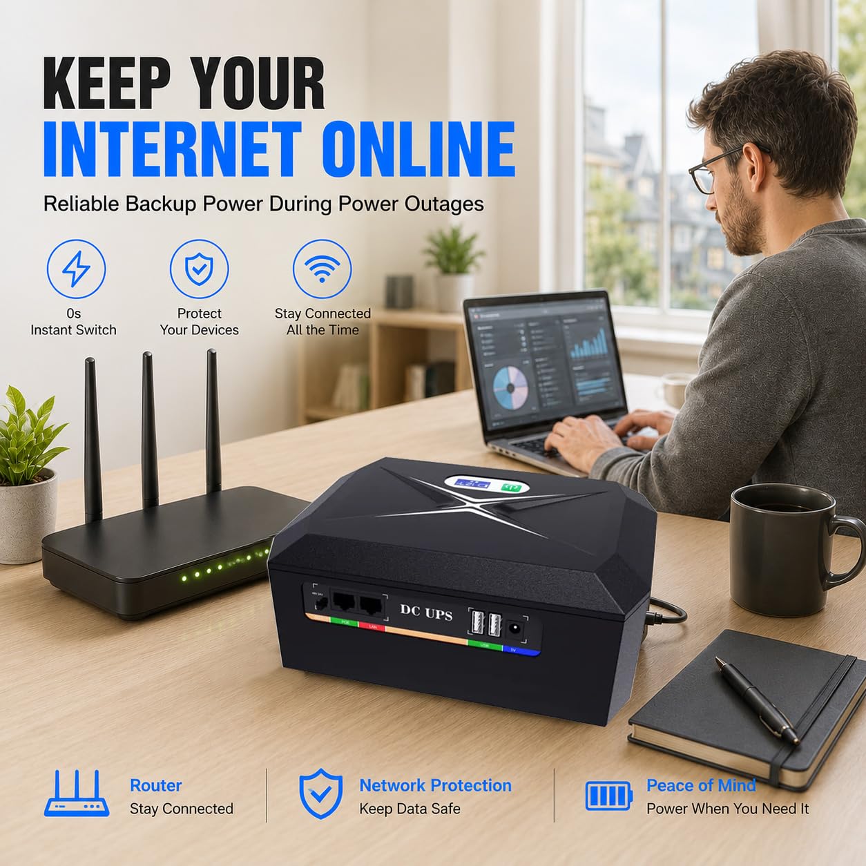 Mini UPS per Router Wifi,24000mAh Mini UPS Batteria di Backup con POE 1Gbps,4Porti DC 12V/3A, 1Port 5V/9V/12V-2A, 1Port USB 5V/2A Protezione Antisurge Ricaricabile Integrata (60W)