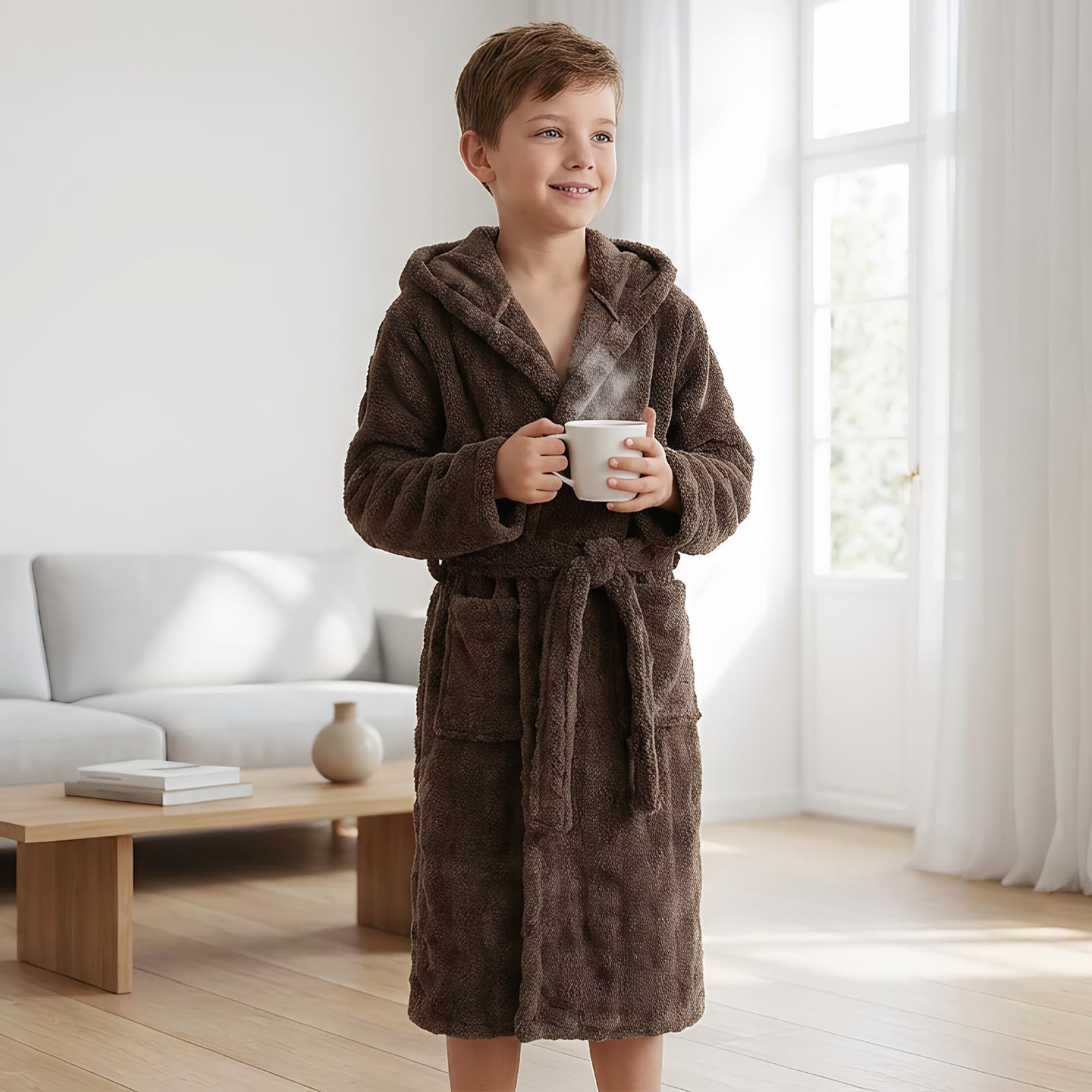 WYTbaby Accappatoio unisex in morbido pile con cappuccio per bambini da 4 a 14 anni