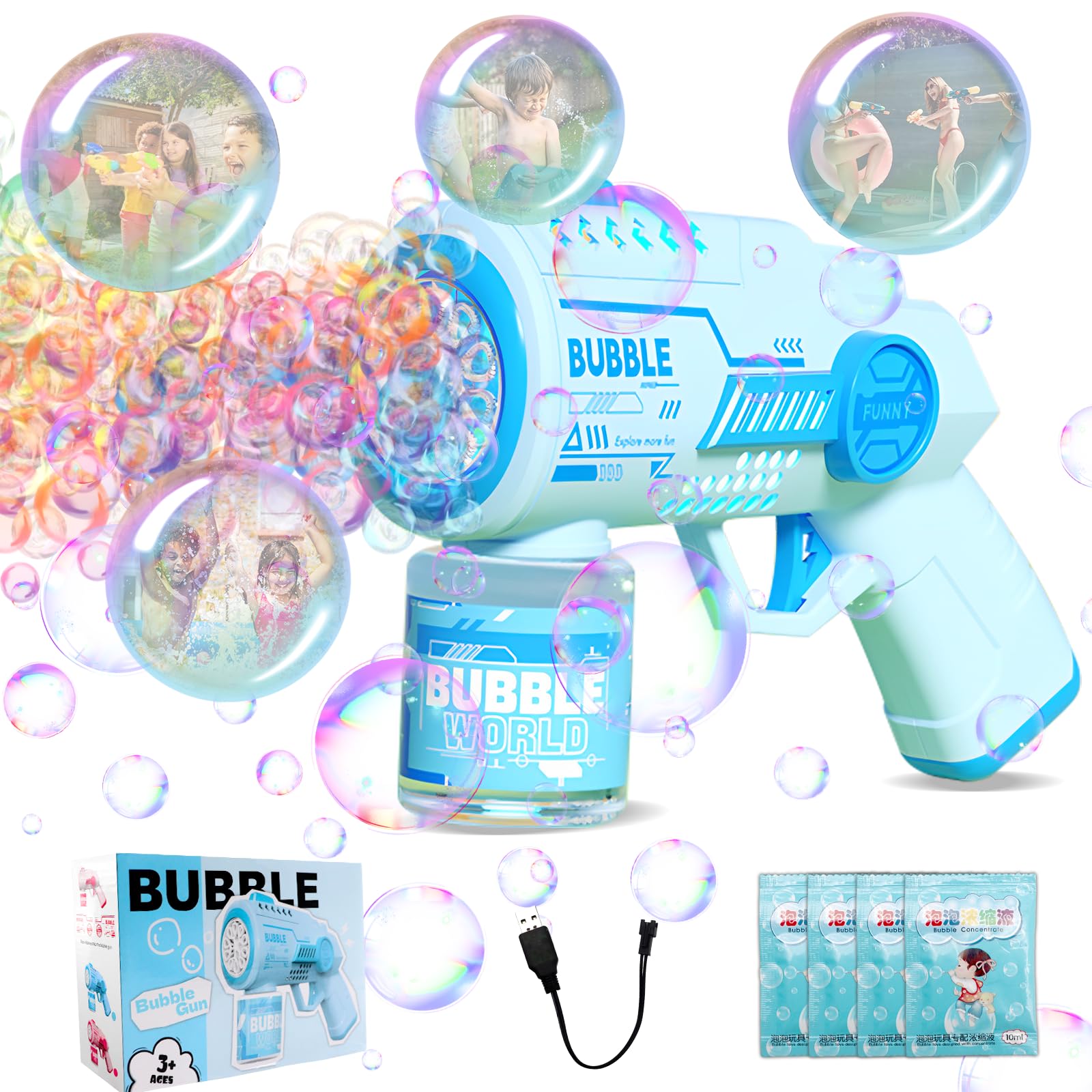 Pistola automática de burbujas para niños, 10000 burbujas/minuto con solución de burbujas de 90 ml con 4 paquetes de recambios de burbujas