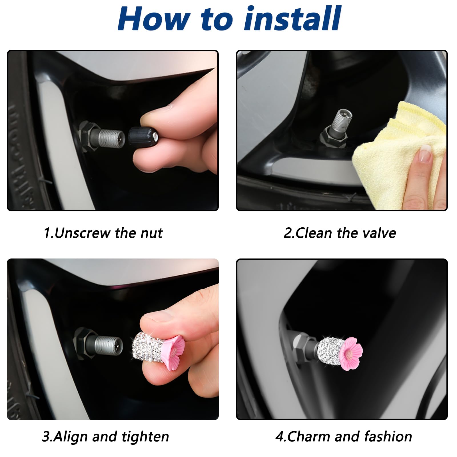 4 Pack Crystal Rhinestone Car Tire Valve Stem Caps Sakura Flower Dustproof Car Wheel Tire Valve Attractive Bling Car Accessories Universal for Cars Trucks and Motorcycles ()