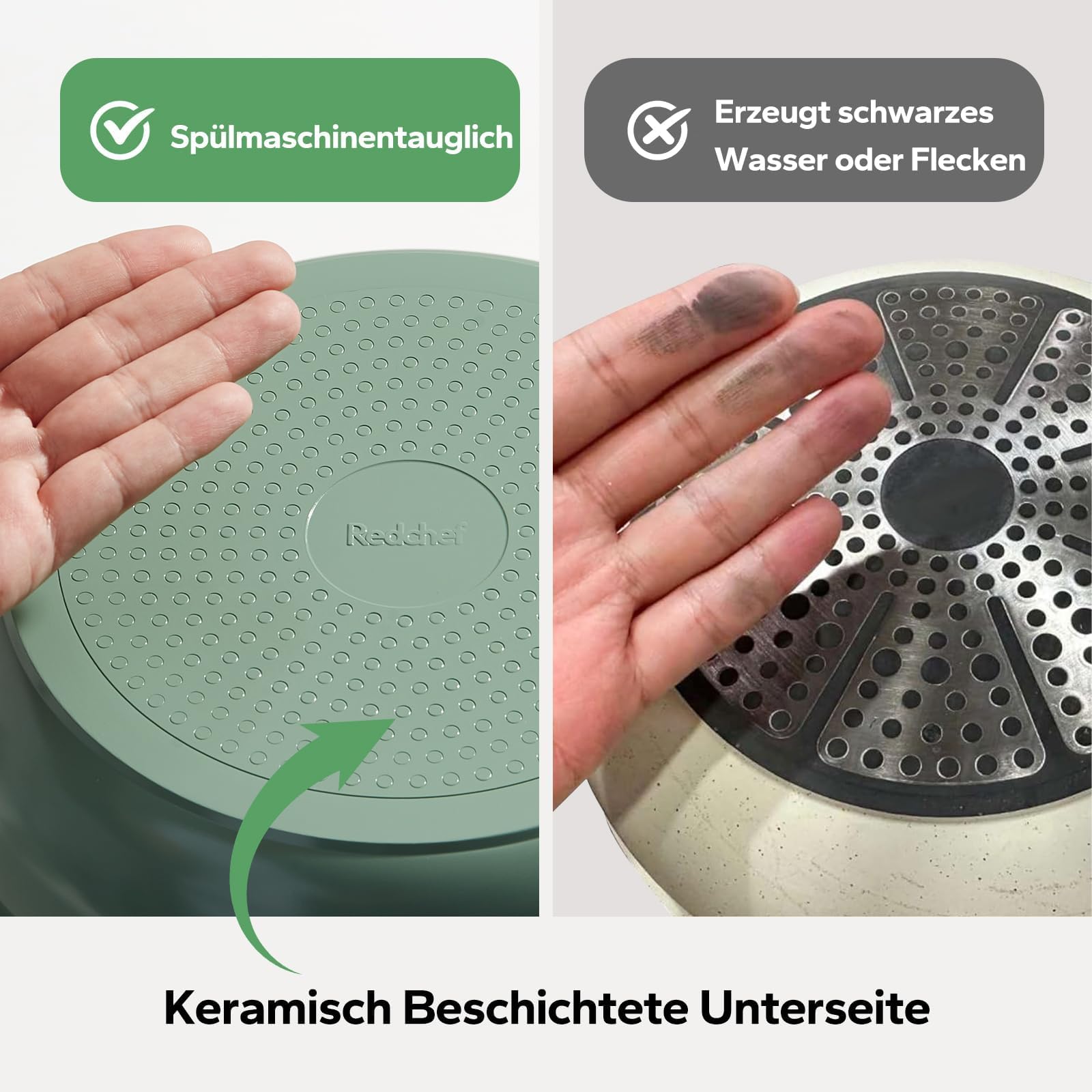 Redchef Set di pentole in ceramica con manico rimovibile, in ceramica, non tossico, per camper, per campeggio, senza PTFE, senza PFAS, senza PFOA, salvaspazio, lavabile in lavastoviglie, verde