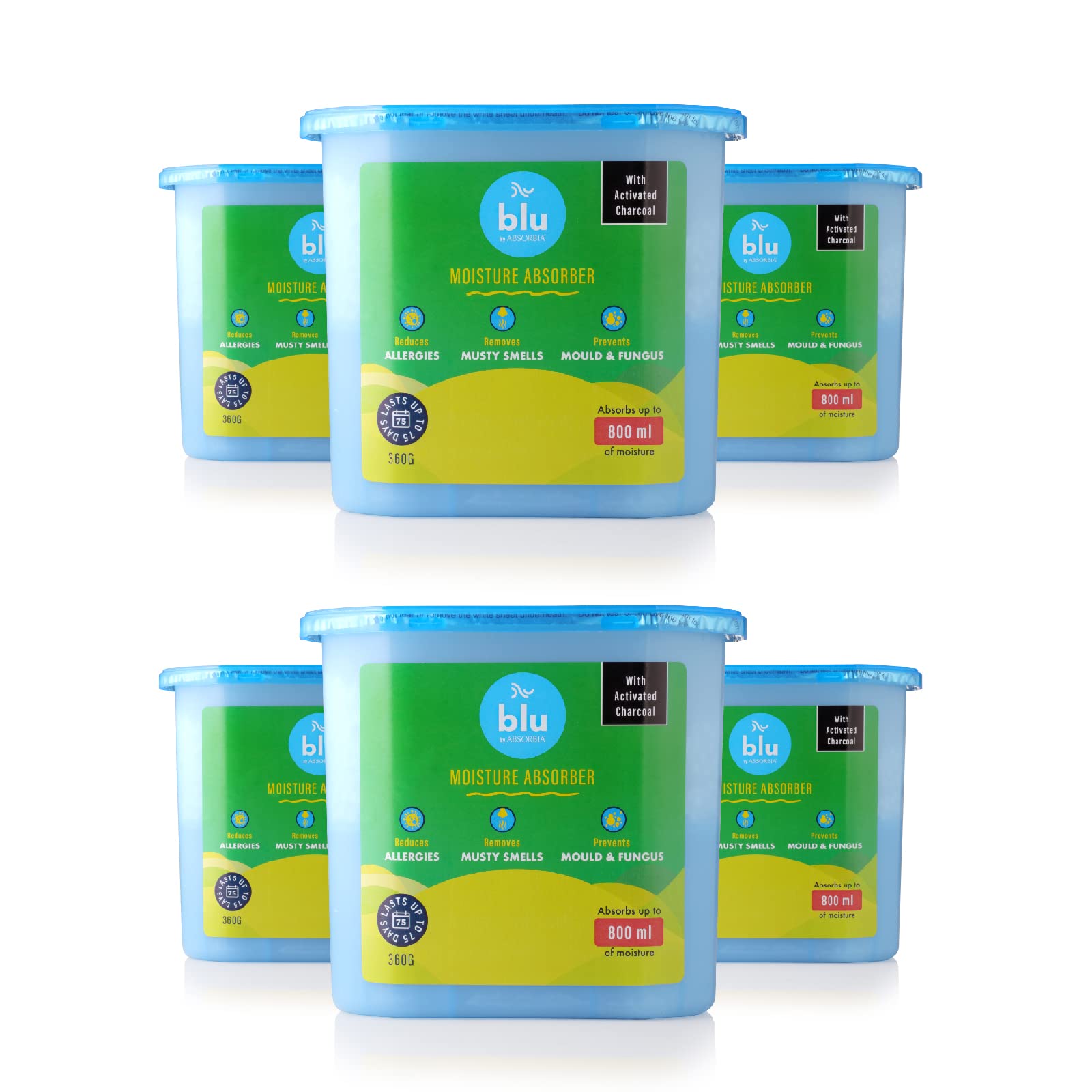 BLU by Absorbia | Moisture Absorber with Activated Charcoal| Pack of 6 (360 gms X 6 Boxes) | Absorption Capacity 800ml each | Dehumidier for Wardrobe & Closets| Fights
