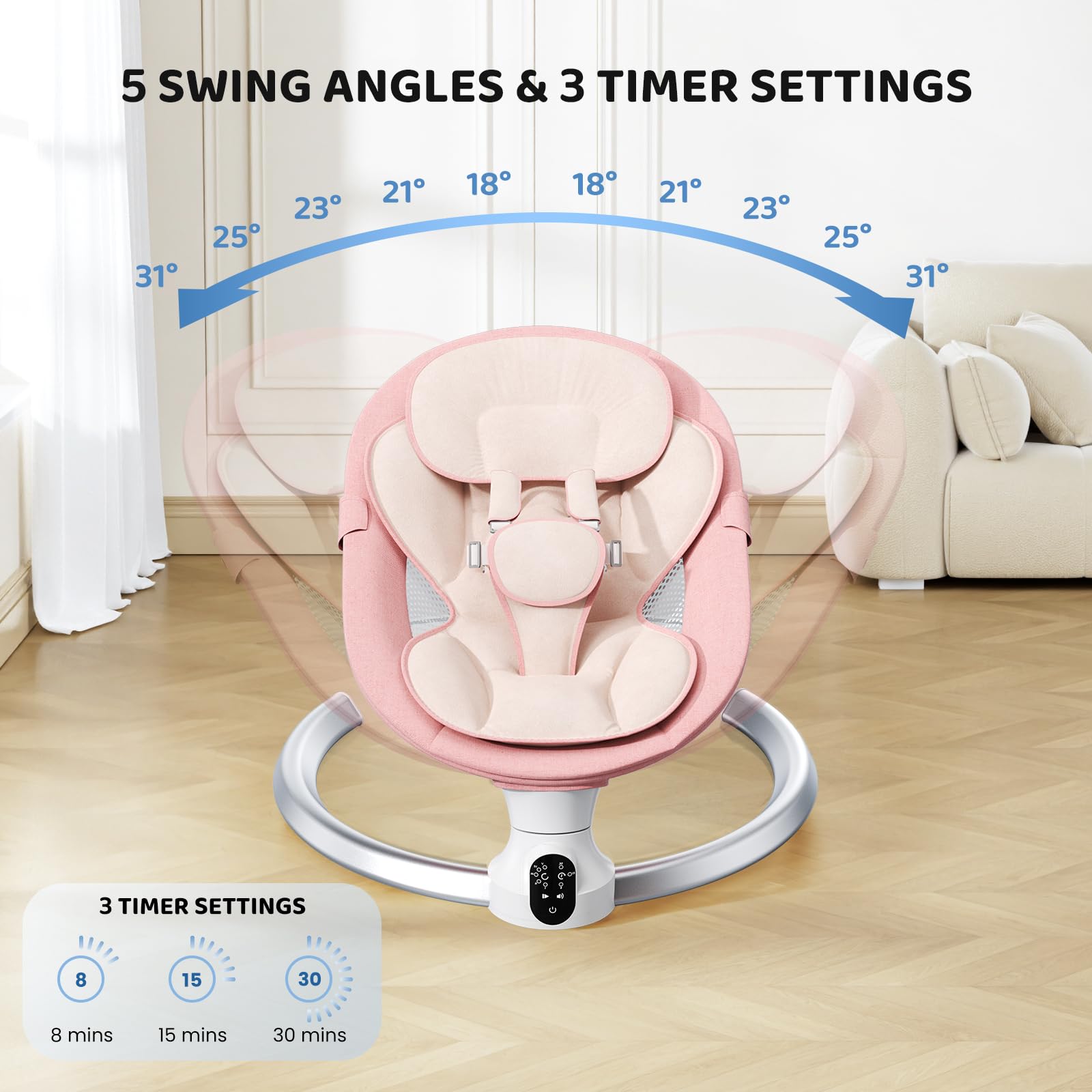 Transat Bébé Electrique – APP & Télécommande Balancelle Bébé Electrique, Balancelle pour Bébe Avec 3 Minuteries, 5 Vitesses de Balançoire, 10 Musiques, Bluetooth Transat Baby (APP Rose)