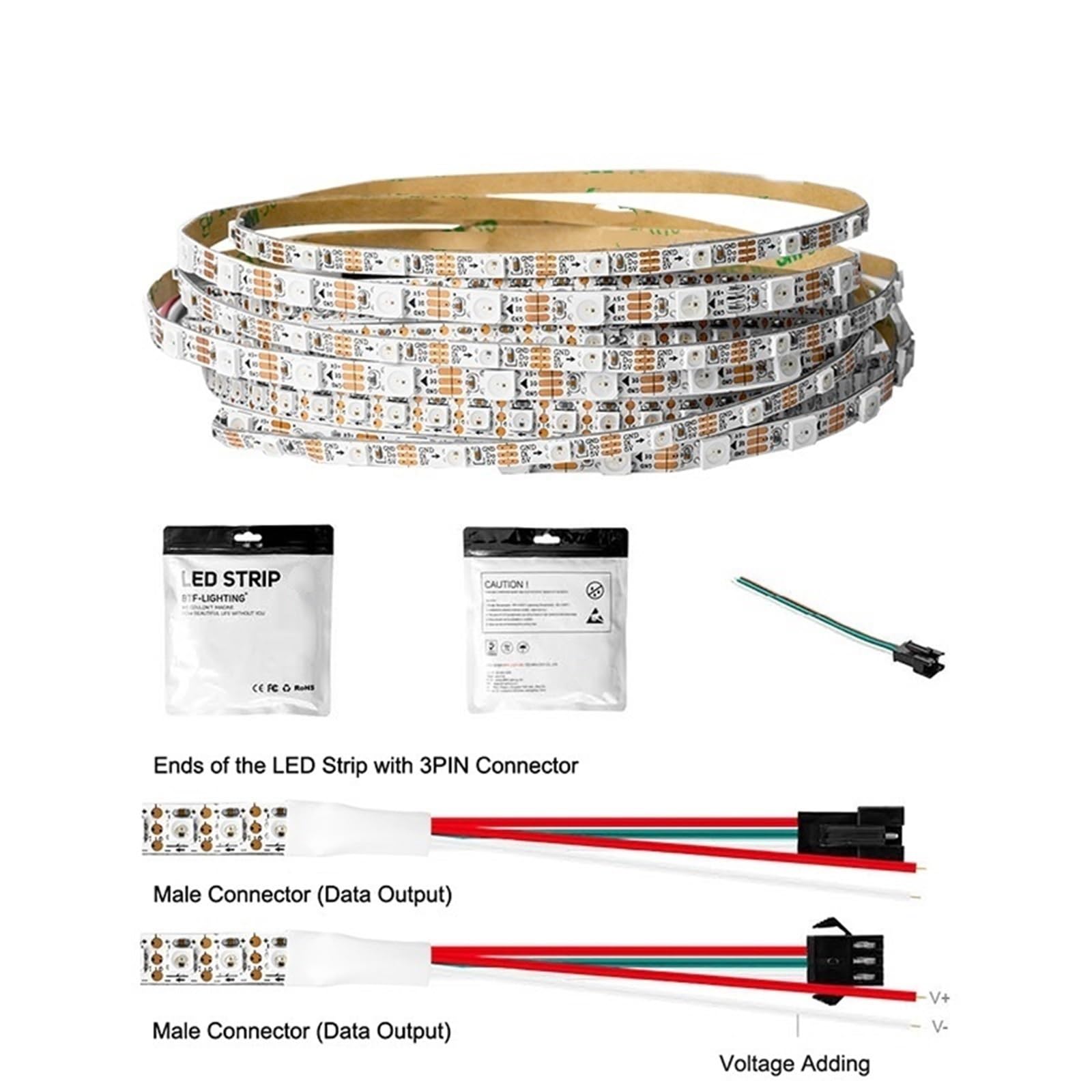 WS2812B 5050 RGB LED Strip 5M - 150/300 LEDs, Individual Addressable, 5V, IP67