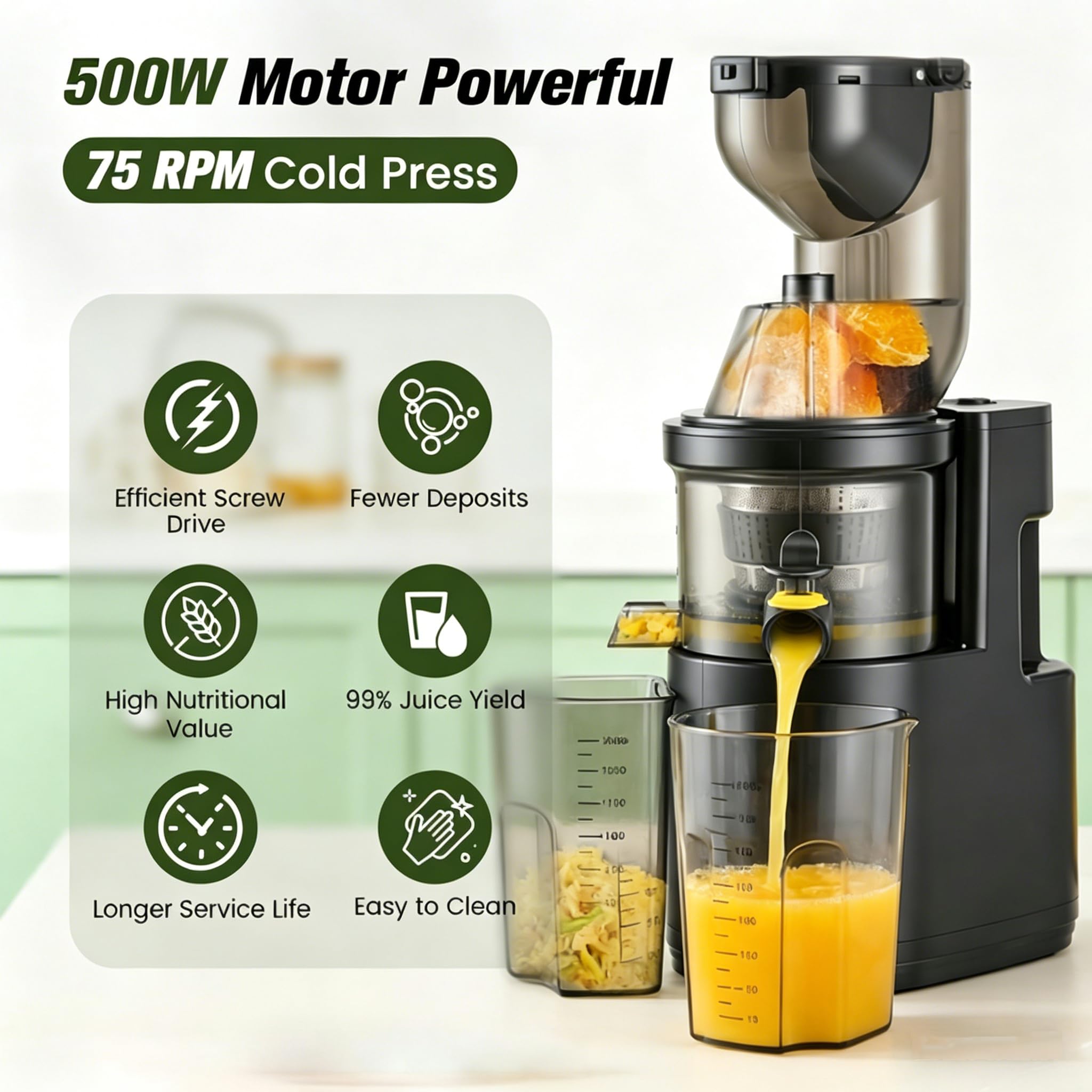 Spremiagrumi a Lenta Estrazione 500W, Spremitore Elettrico con Bocca di Alimentazione Larga 125mm,Estrattore di Succo per Verdura e Frutta,Top per Frutta Intera e Verdura,Senza BPA,Nero