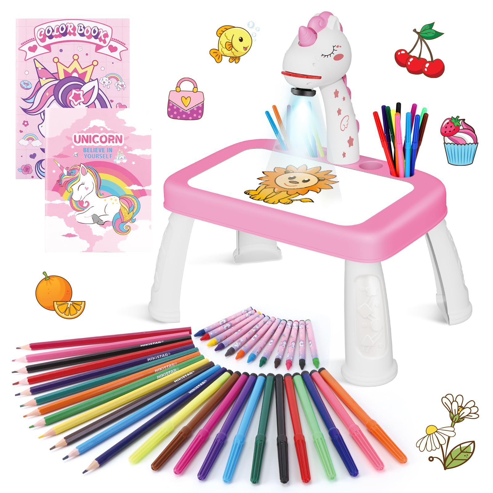 Konijiwa Cadeau Fille Projecteur Dessin Enfant avec 72 Motifs Jouet Fille Jeux Enfant 3 4 5 6 ans Licorne Jouet Cadeau avec Crayons de Couleur, Album de Découpage, Livre d'Autocollant Licorne, Tampon