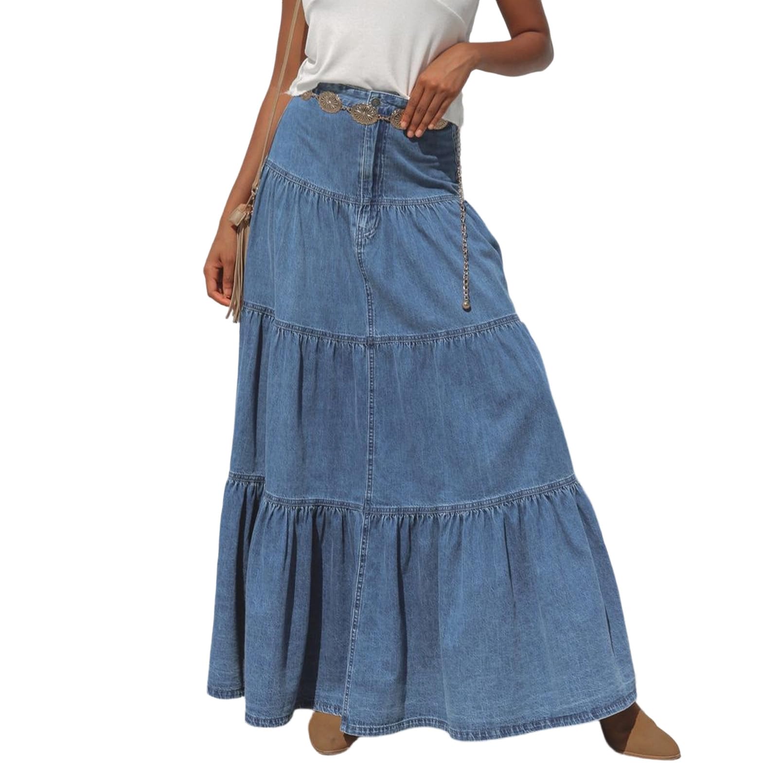 Jeansrock Damen Lang Maxirock High Waist Denim Rock A-Linie mit Taschen Elegant Stufenrock Knopfleiste Boho Lange Röcke für Frauen Sommer Freizeitrock Vintage Style Stretch Baumwolle