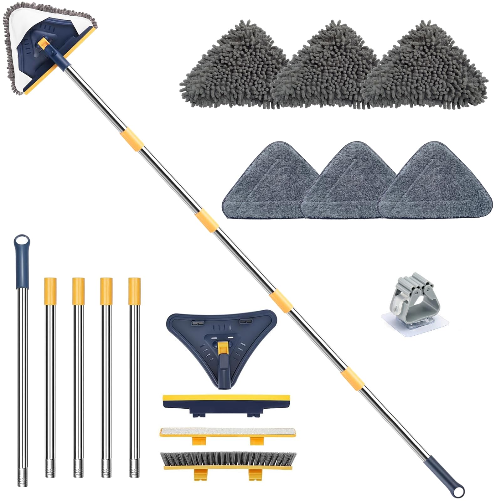 Wall Cleaner Mop with Long Handle, 5-in-1 Walls Cleaner Mops with 6 Replacement Microfiber Chenille Pads, Squeegee, Scrubber for Painted Walls, Window, Floor, Baseboards
