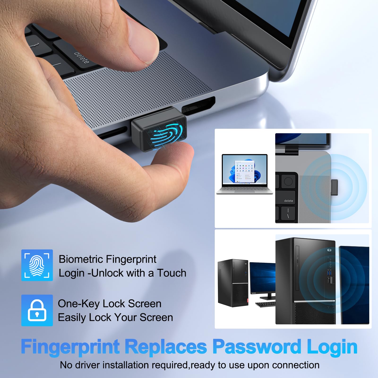 Rocketek Lecteur Empreinte Digitale USB-A pour Windows 10/11,Mini Lecteur Empreinte Digitale Windows Hello avec 360 Degrés Tactile,sans Mot de Passe et chiffrement des fichiers,Plug&Play