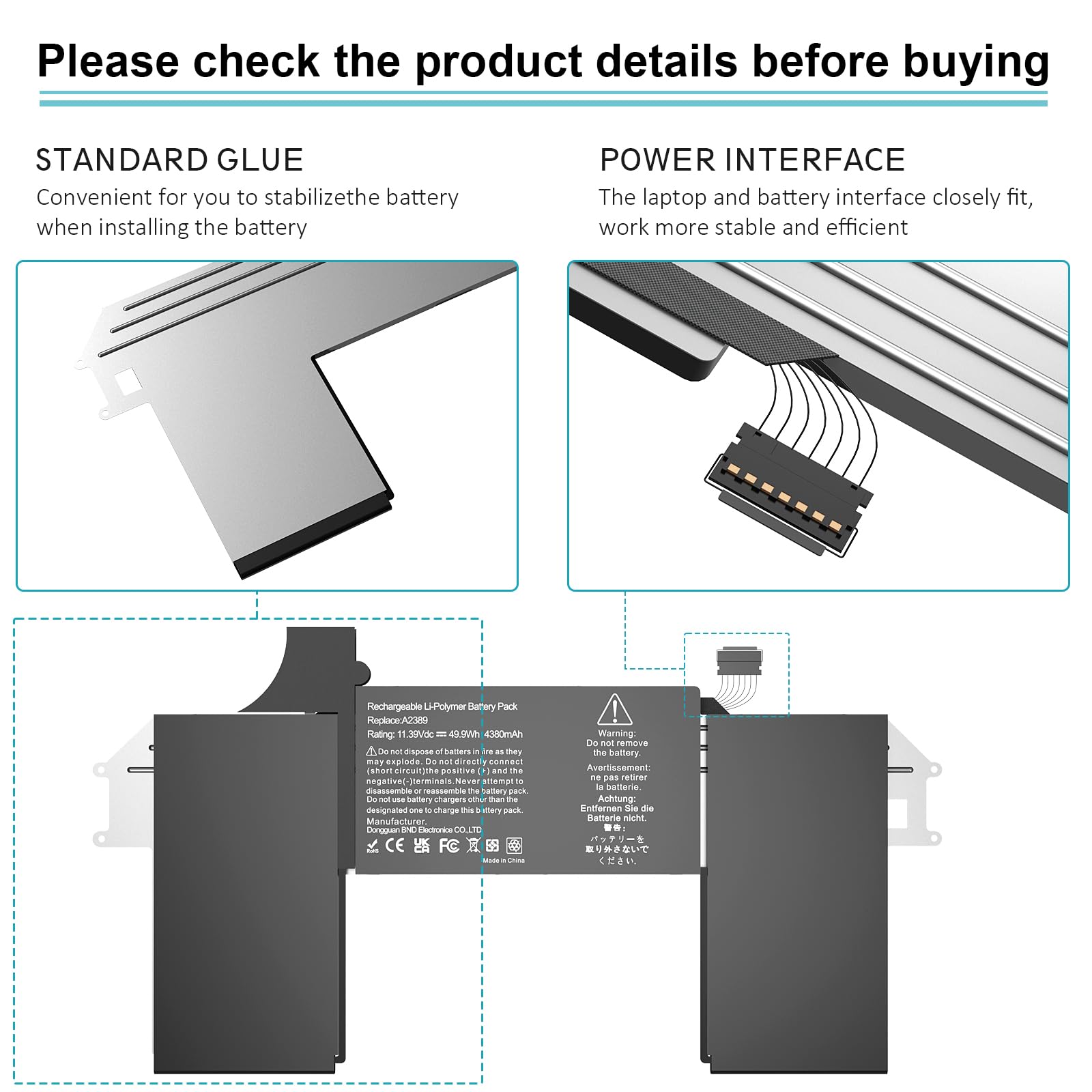 A2337 A2389 Batterie de rechange pour ordinateur portable MacBook Air 13" (M1, 2020) EMC 3598 MGN53LL/A MGN83LL/A MGN63LL/A MGN93LL/A MGND3LL/A MGN73LL/A MGNE3LL/A MVH22LL/A 11,39 V 49.9 Wh