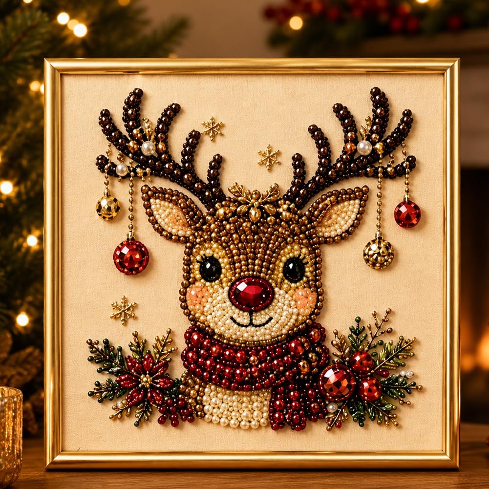 DIY Christmas Pearl Diamond Art Painting Kit with Frame,Christmas Pearl Beads Art Craft for Adults & Beginners,Gemstone Diamond Dots Beads Painting for Home Wall Decor,Beginner DIY Seasonal Party Gift