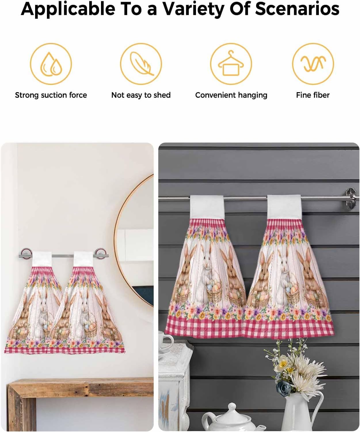 Easter Bunny Eggs Kitchen Hand Towels with Hanging Loops Set of 1 Spring Wildflowers Plants Pink Farm Plaid Soft Thick Oven Fingertip Dry Microfiber Tie Dish Towel Absorbent Cleaning Washcloth