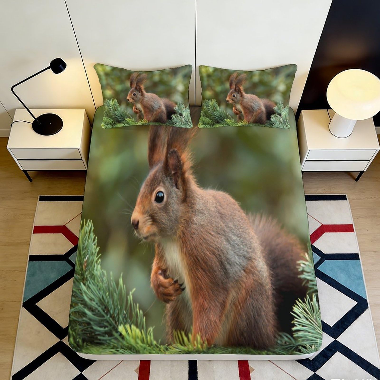Pnayamiorkfel Style-5 3D Printed Squirrel Forest Fitted Sheet Microfiber Soft Green Pine Bed Cover For Bedroom Guest Room Decor 90X200x25cm