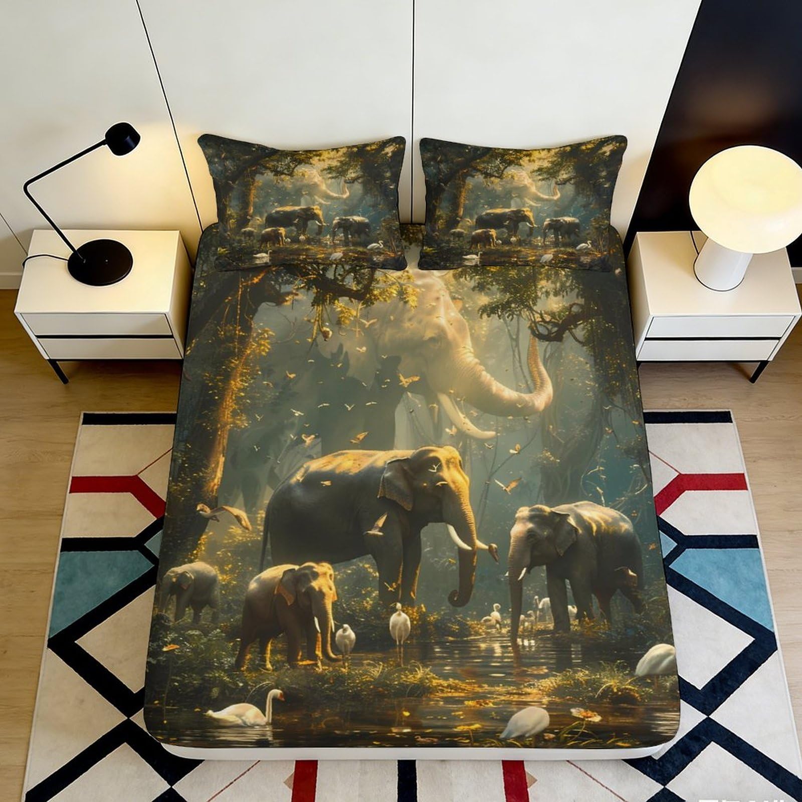 3D Printed Elephant Forest Fitted Sheet Microfiber Soft Durable Wildlife Animal Bed Cover for Bedroom Dormitory Guest Room Mattress Protection Decoration 140x200x25cm