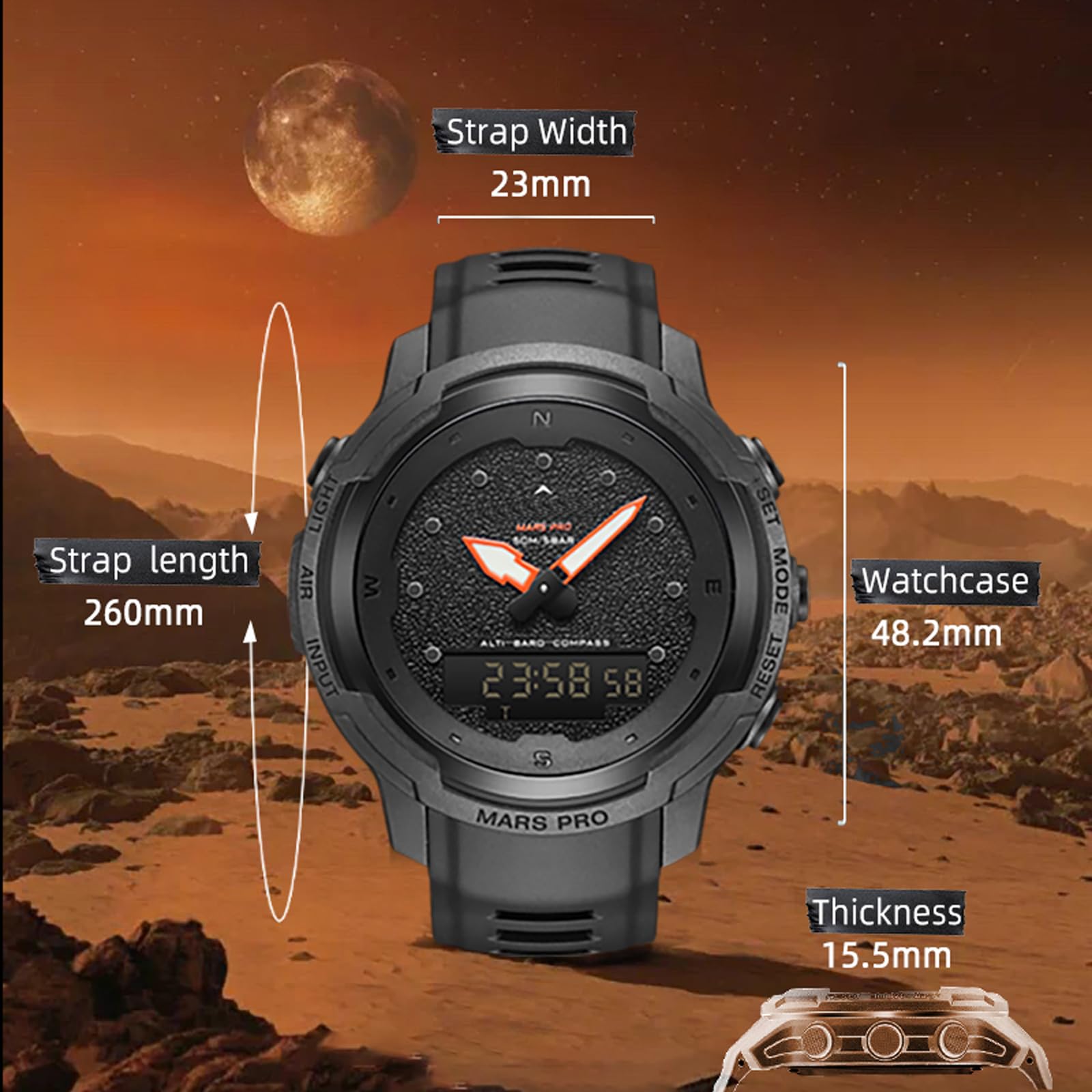 findtime Montre militaire pour homme avec boussole, altimètre, baromètre, fibre de carbone, montre numérique tactique étanche 5 ATM, Noir , lanière