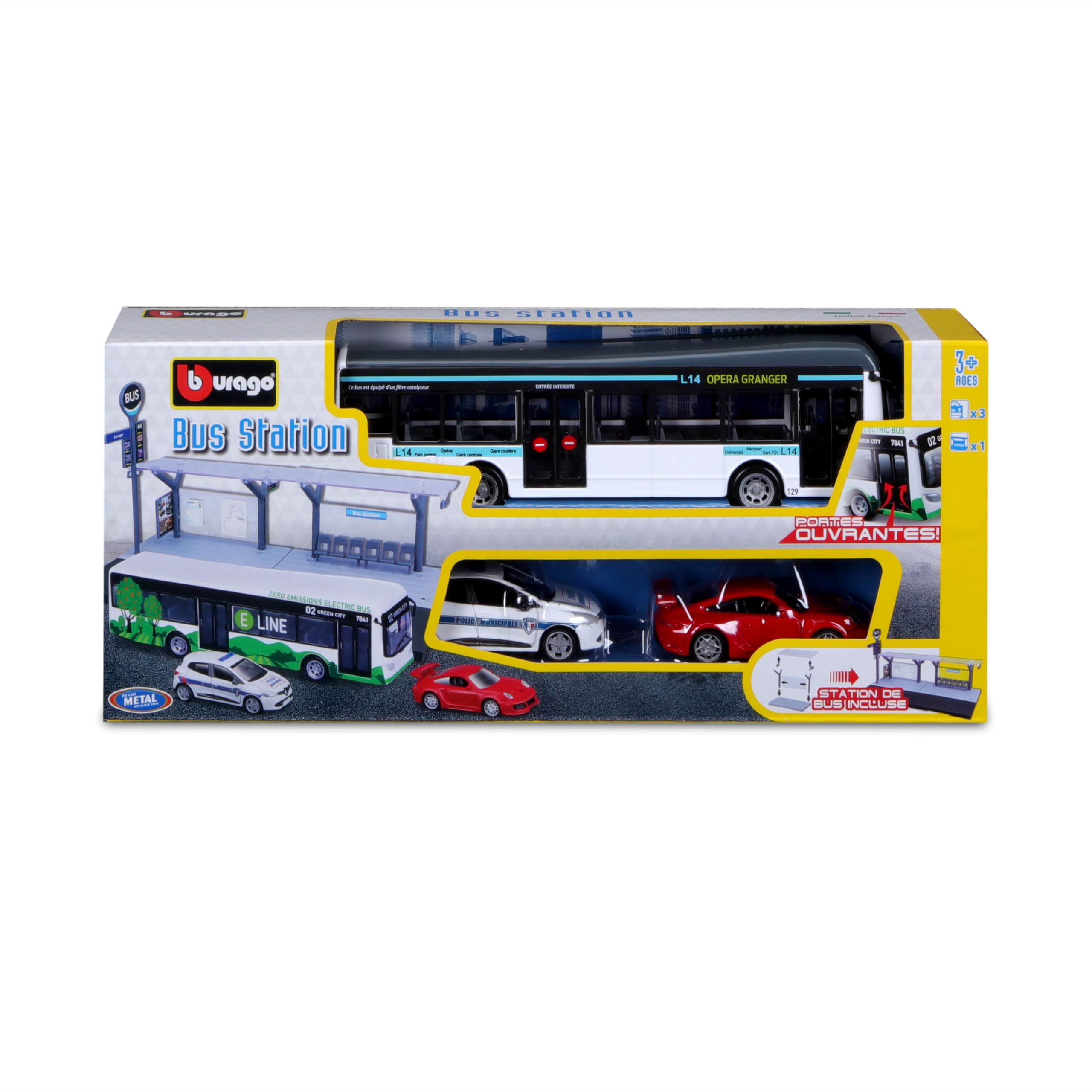 Bburago - Playset Public Transport w skali 1/64 - autobus, tramwaj, stacja + 2 pojazdy - Zabawka edukacyjna dla dzieci - modele losowe - Rozwija wyobraźnię i kreatywność