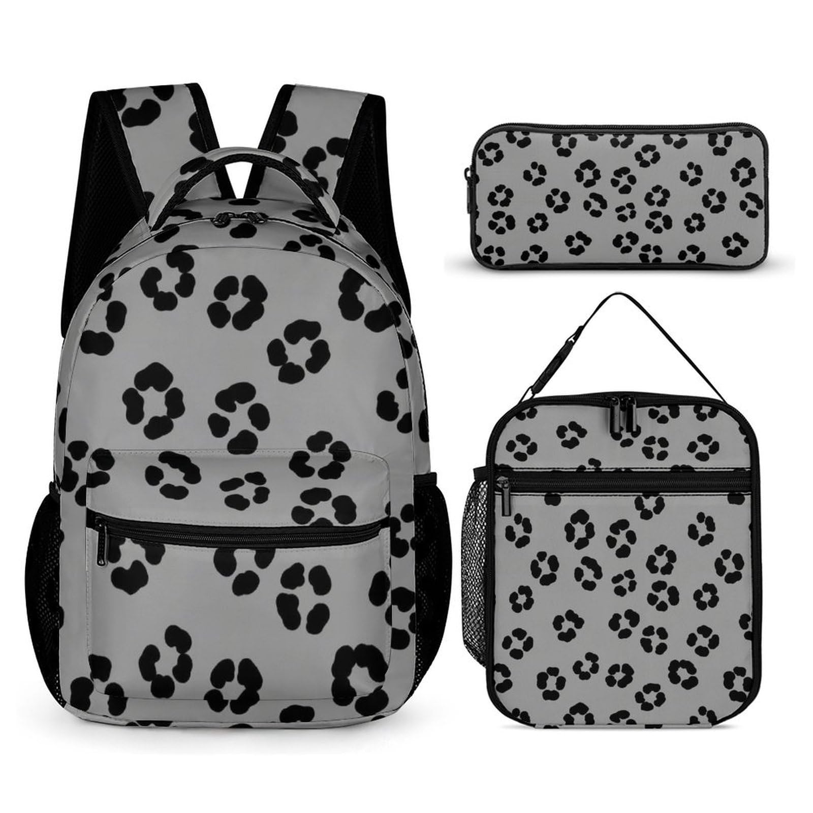 Ensemble sac à dos avec boîte à lunch et trousse de maquillage, idéal pour les voyages (gris foncé, noir, motif léopard).