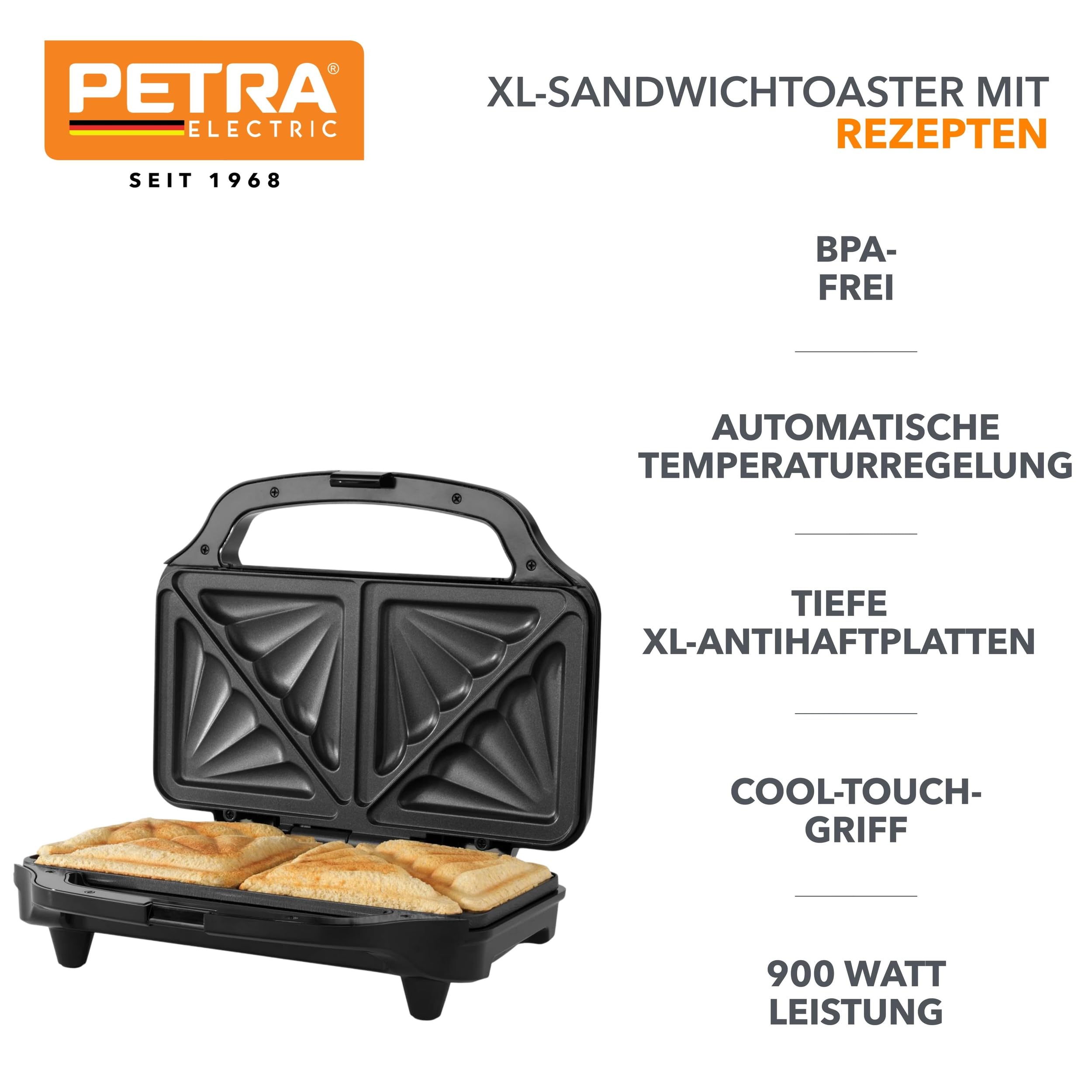 Petra Sandwichmaker XXL 900W, Sandwichtoaster mit Antihaftbeschichtung, XL Toaster für Extra Dicke Sandwiches, Doppelplatten mit Cool-Touch-Griff, BPA-Frei