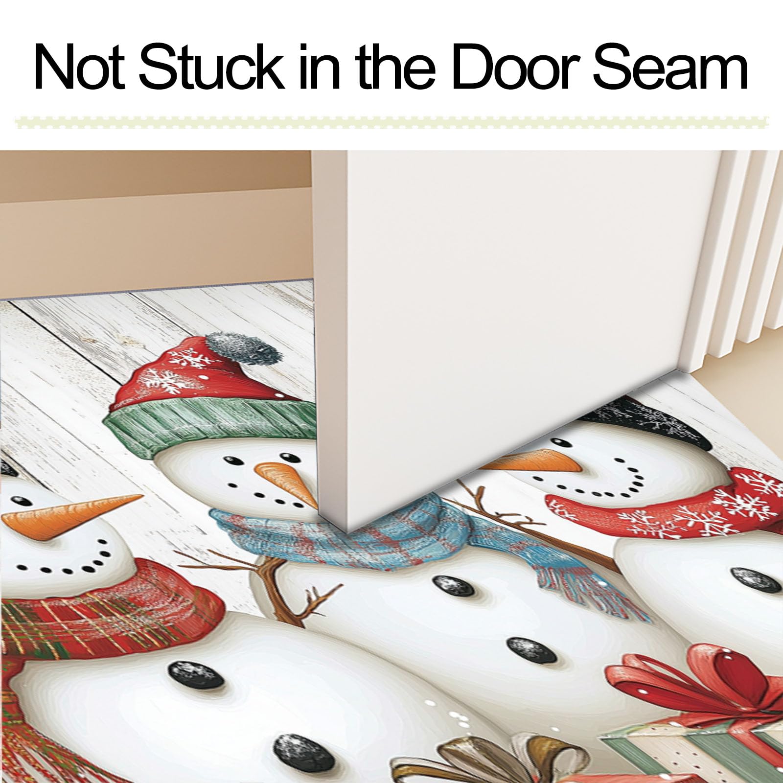 Tapis Bonhomme Neige Noël Peint À La Main 90X150Cm En Fausse Laine Beige Pour Salle De Bain Cuisine, Petit Paillasson D'Entrée D'Intérieur, Effet Bois Vieilli, Tapis De Sol Antidérapant Lavable