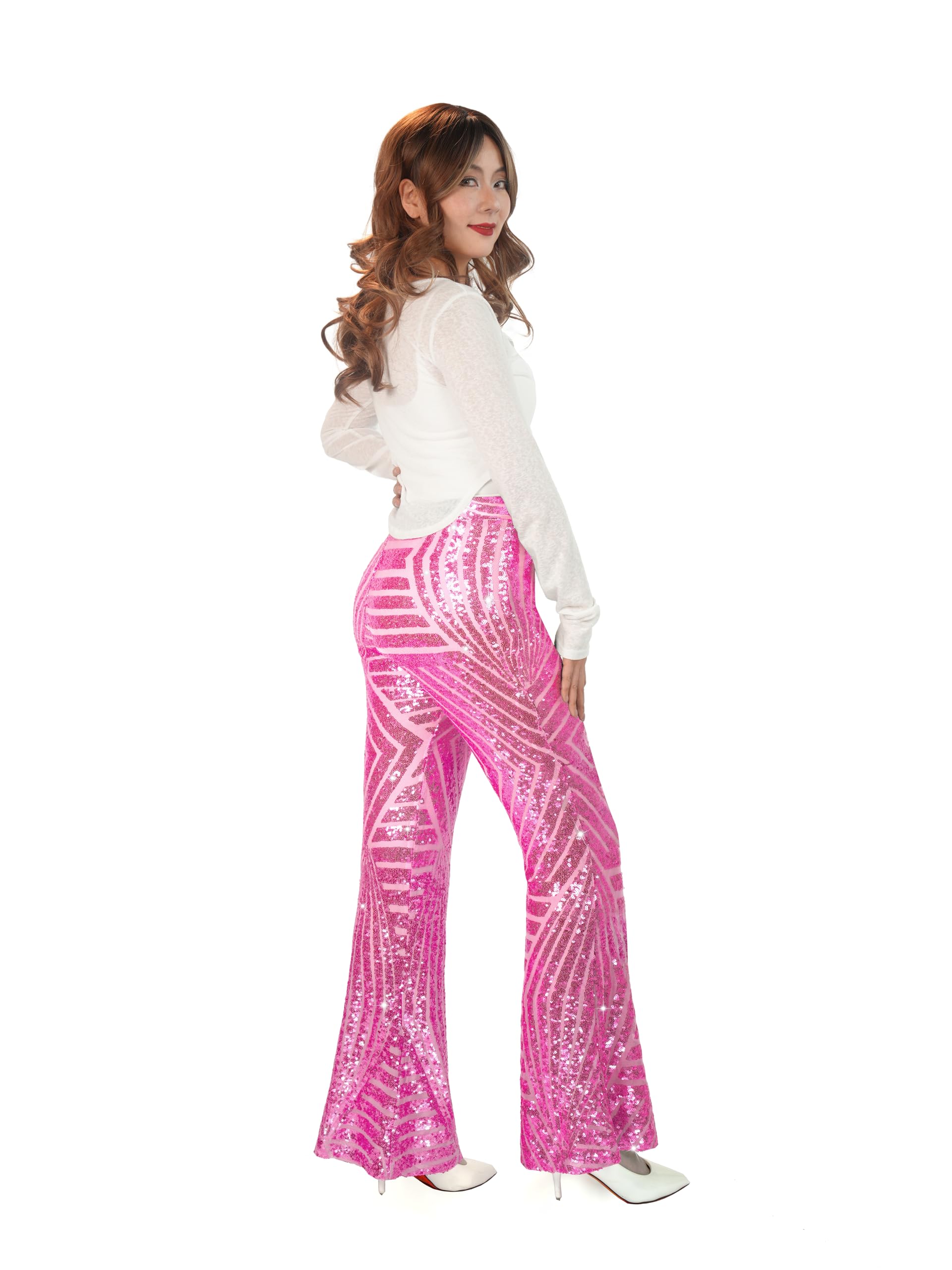 Nawgut Damenhose mit glitzernden Pailletten, ausgestellt, hoher Bund, weites Bein, Partyhose