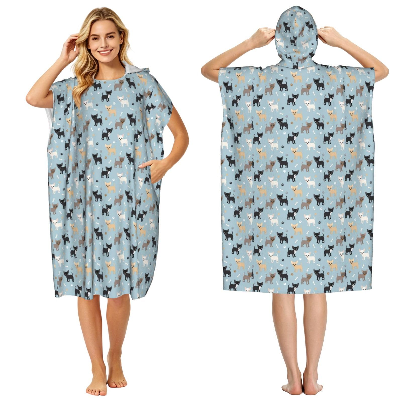 Poadnly Chihuahua Dogs Blue, Adult Hooded Beach Towel 90 x 110 cm,Changing Bath Robe, Surf Poncho Towel For Women Men