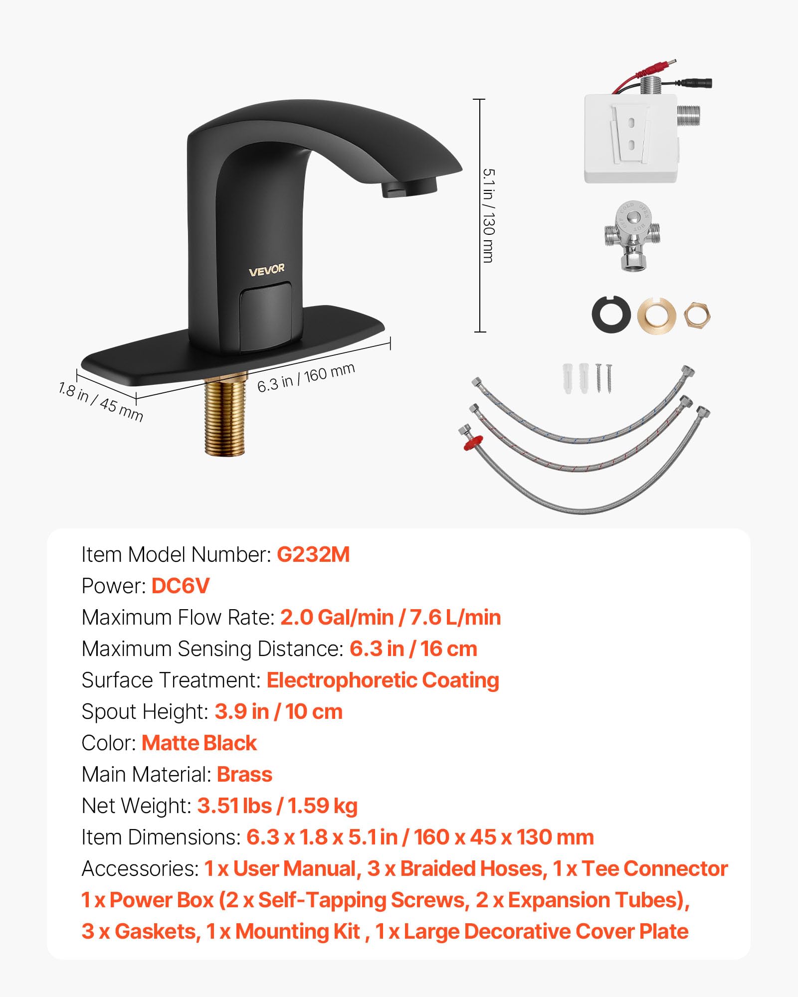 VEVOR Grifo de Lavabo sin Contacto, Grifo Automático para Baño, Alta Resistencia al Agua, con Sensor Manos Libres y Ajustable, Agua Fría/Caliente, a Pilas, Negro Mate, 160 x 45 x 130 mm, 7,6 L/min