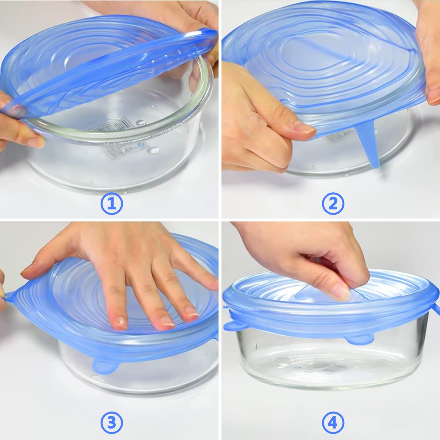Stretch Lid, 12Piece Reusable Silicone Stretch Lid, 6 Sizes Stretch Food Holder Lid for Cans, Bowls & Cups, Fruit, Microwave Dishwasher Safe (Blue + White) — Amazon image 6