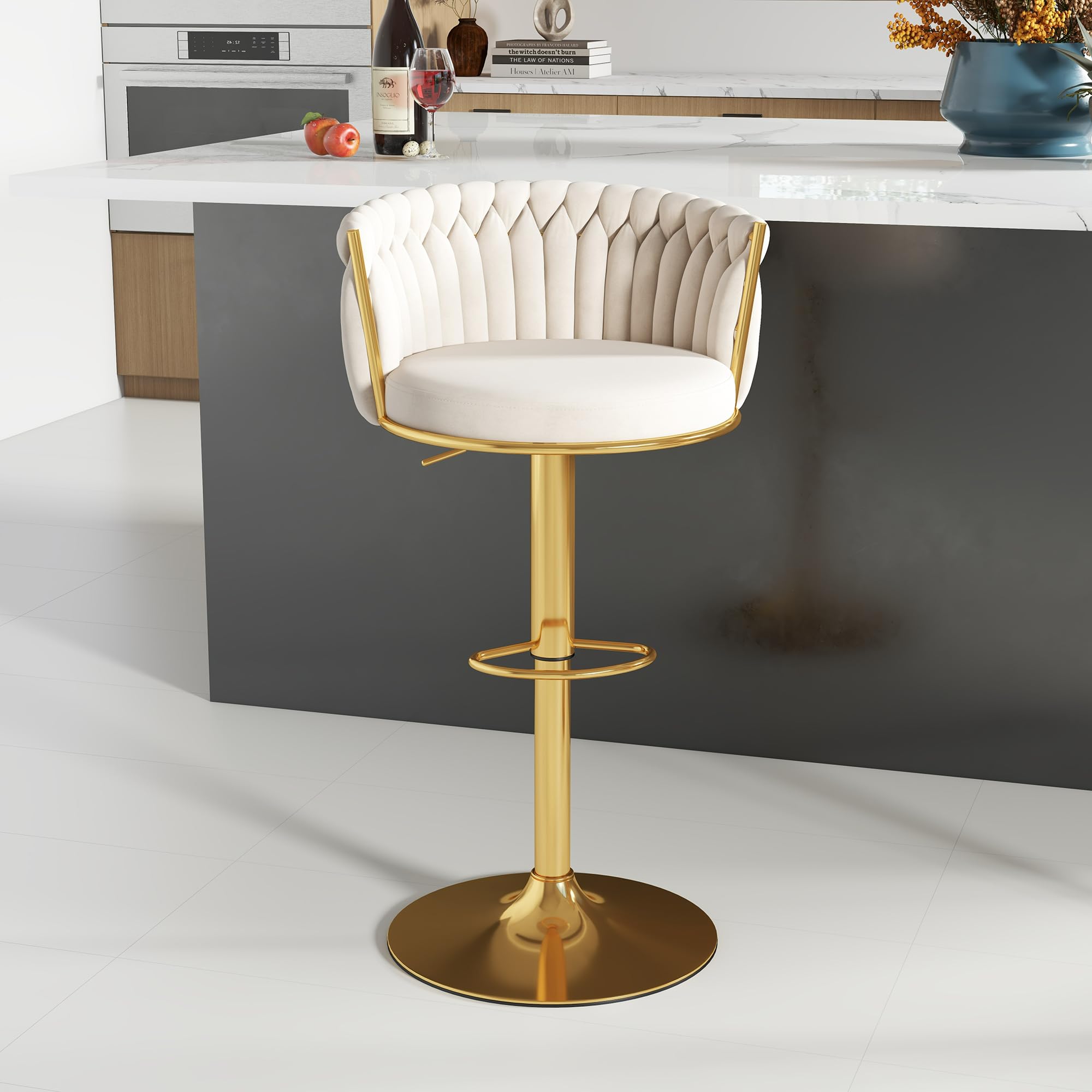 ABET Gold Bar Stool 1PC, Velvet Swivel Barstools, Height Adjustable Counter Stools with Woven Backrest, Upholstered Modern Luxury Kitchen Stools with