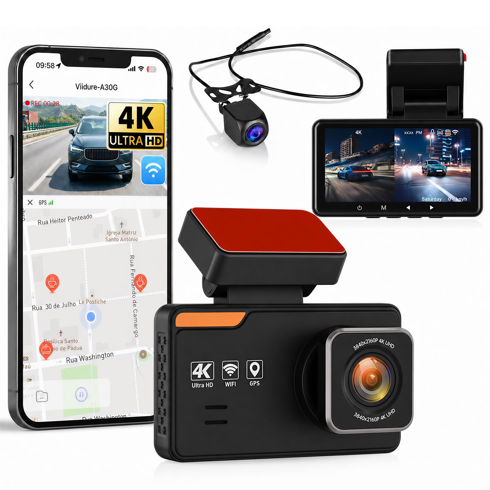 SIXWIN 4K Dashcam, 4K+1080P Doppia Telecamera Auto, 3" Display con WiFi e Controllo App, GPS, ADAS, BSD, LCA, Visione Notturna, Grandangolo, Registrazione in Loop, Sensore G, Parcheggio 24H