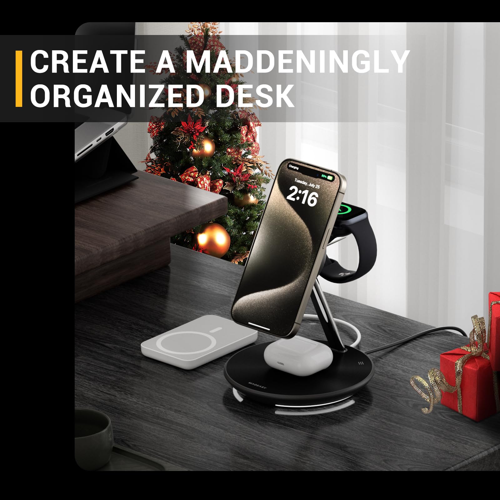 MAGEASY 4 in 1 Charging Station - Ultimate 55W Max Output, Bedside Charging Station, Fast Charging Stand for iPhone, Apple Watch, AirPods, iPad, with Ambient Light | Power Station (White)