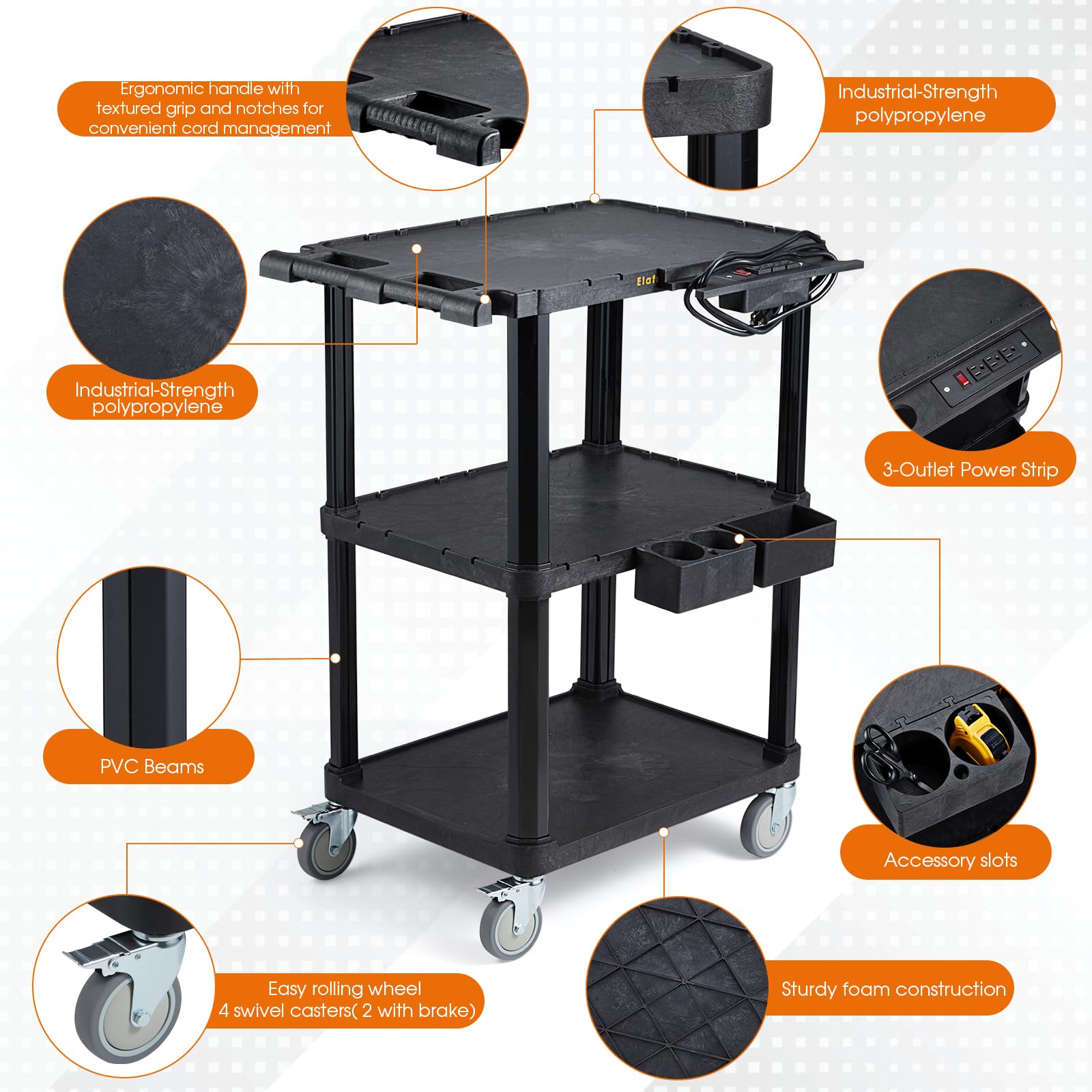 AV Cart, 26 Inch Height Media Cart With Power Strip, 24 X 18" Presentation Cart With 2 Shelves, 4 Rolling Casters And 2 Locking Brakes, 150 Lbs Heavy- Duty Av Cart - View #5