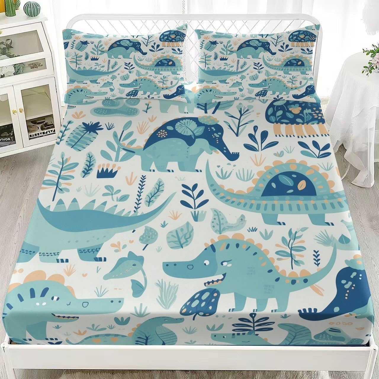 Dinosaur Fitted Sheet Cartoon Bed Sheets Deep Pocket 12 inch (30 cm) Soft Cozy 3 Piece Microfibre Bed Sheet 200x200 cm with 2 Pillowcases 50x75 cm