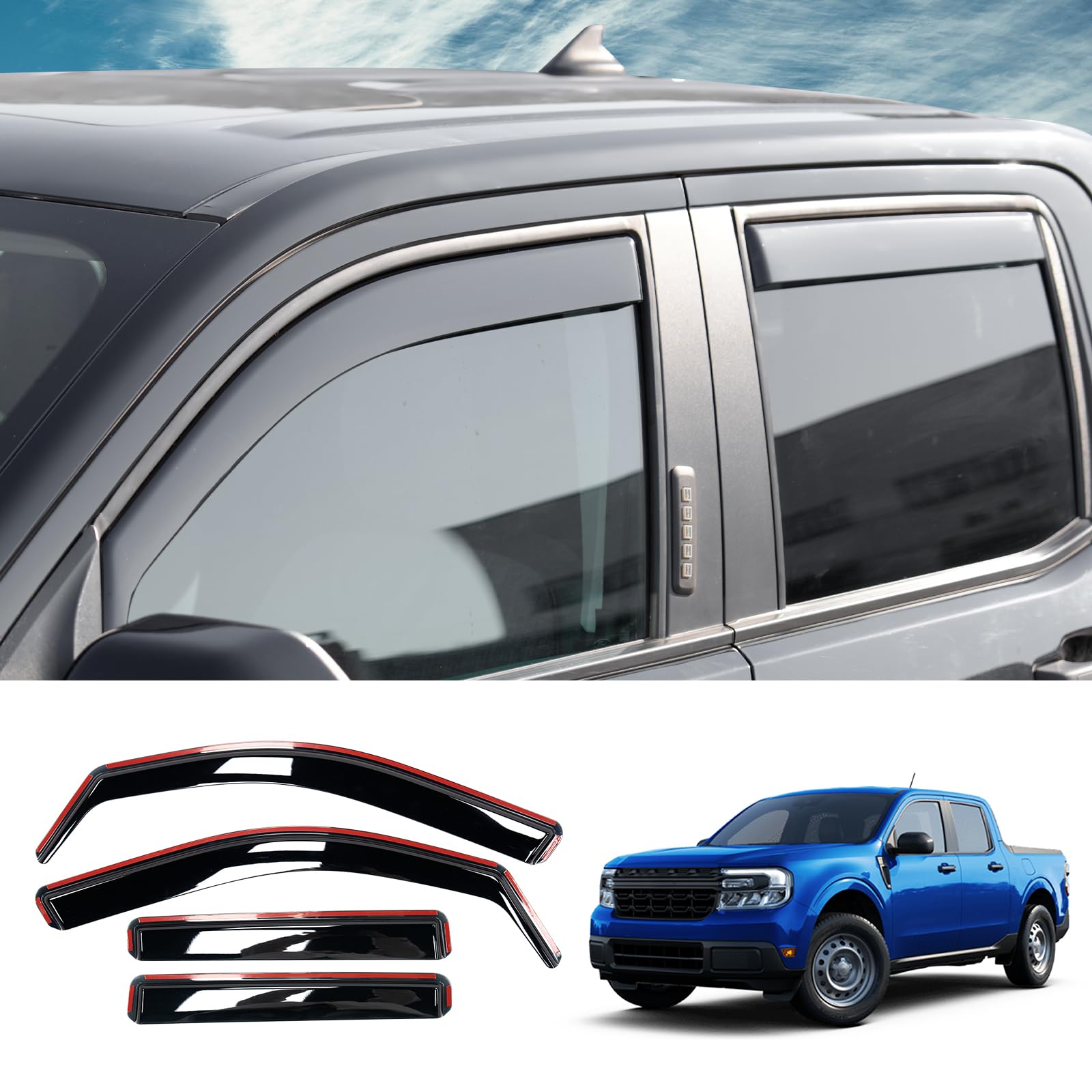 Visor Rain Guards Compatible with 2022-2025 2026 Ford Maverick Front and Rear in-Channel Window Visors Wind Deflectors Weather Shield for 2024 Maverick 4PCS Accessories